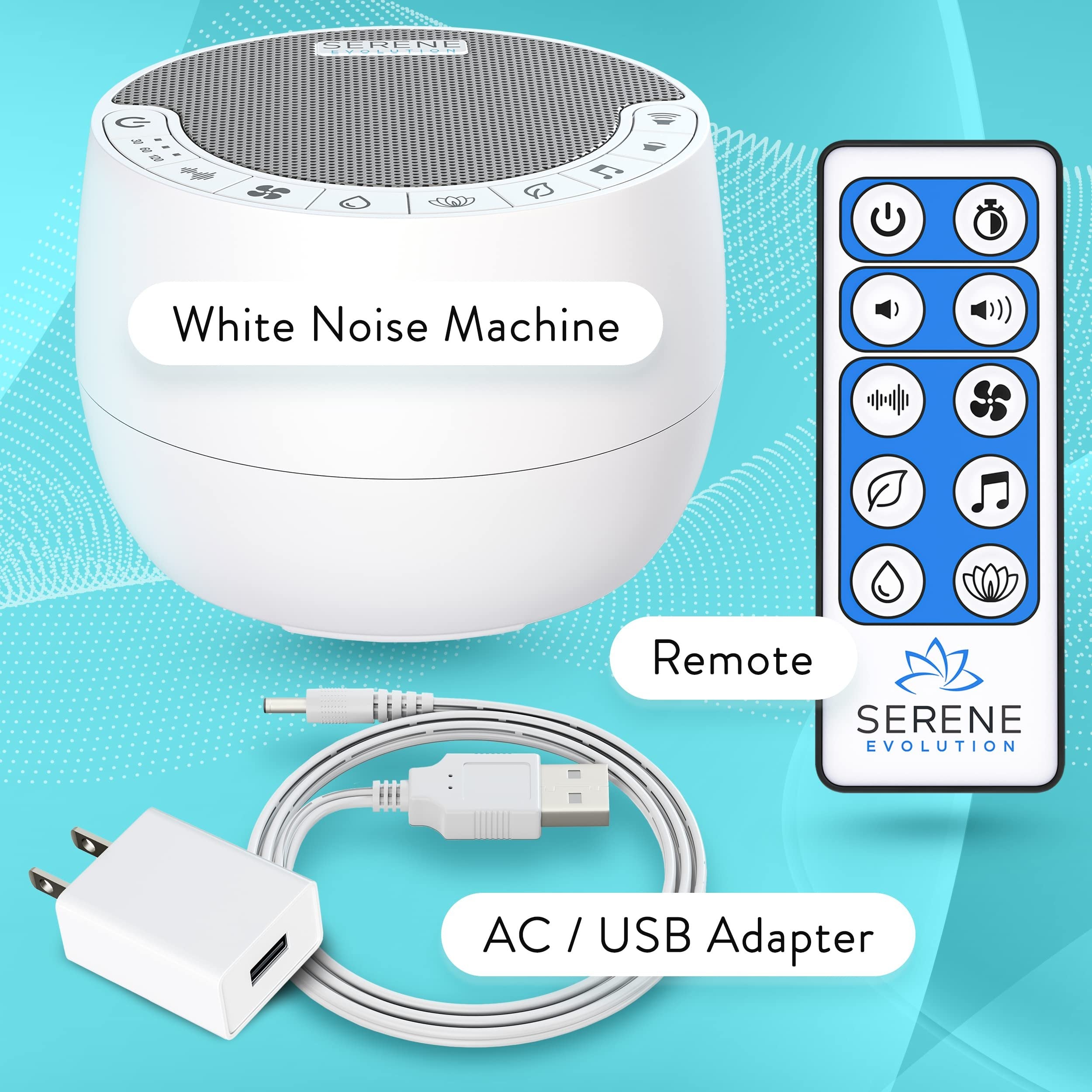 Serene Evolution White Noise Machine - 70 Sounds, Adult/Baby Sleep, Office Privacy, Fan/Ocean/Rain, White