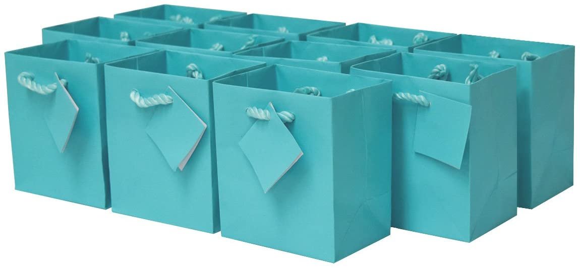 12 Pack 4x2.75x4.5 Turquoise Gift Bags with Handles- Designer Solid Teal Paper for Parties, Weddings, and Holidays