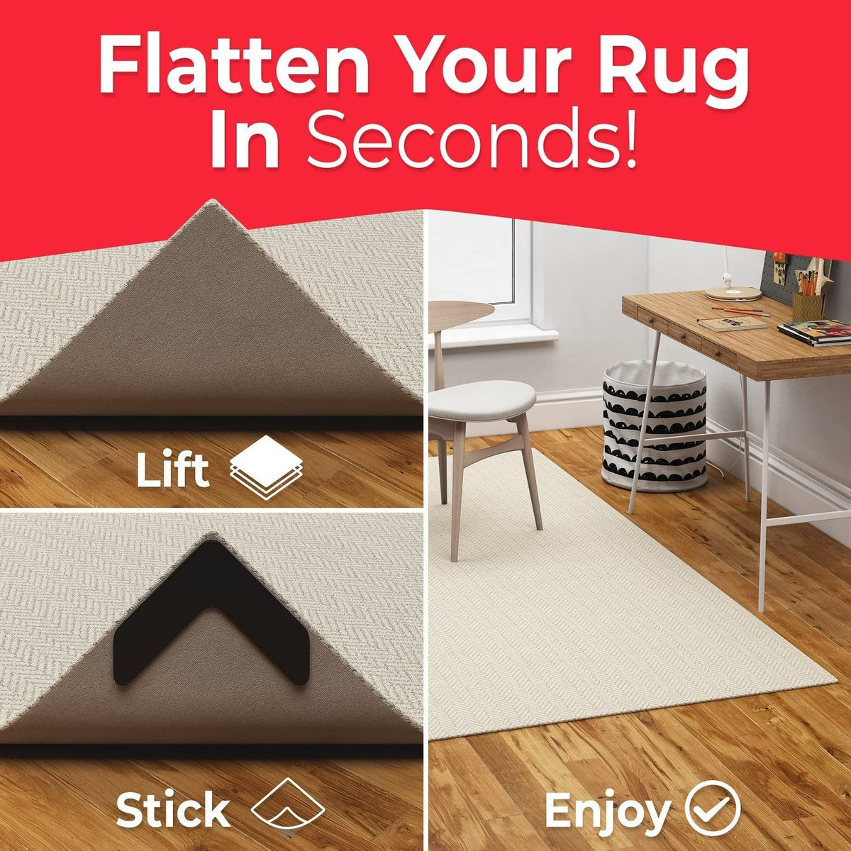 NeverCurl Best V Shape Design Gripper to Instantly Stops Rug Corner Curling. Safe for Wood Floors. for Indoor & Outdoor Rugs - Not an Anti-Slip pad - Made USA - Patented