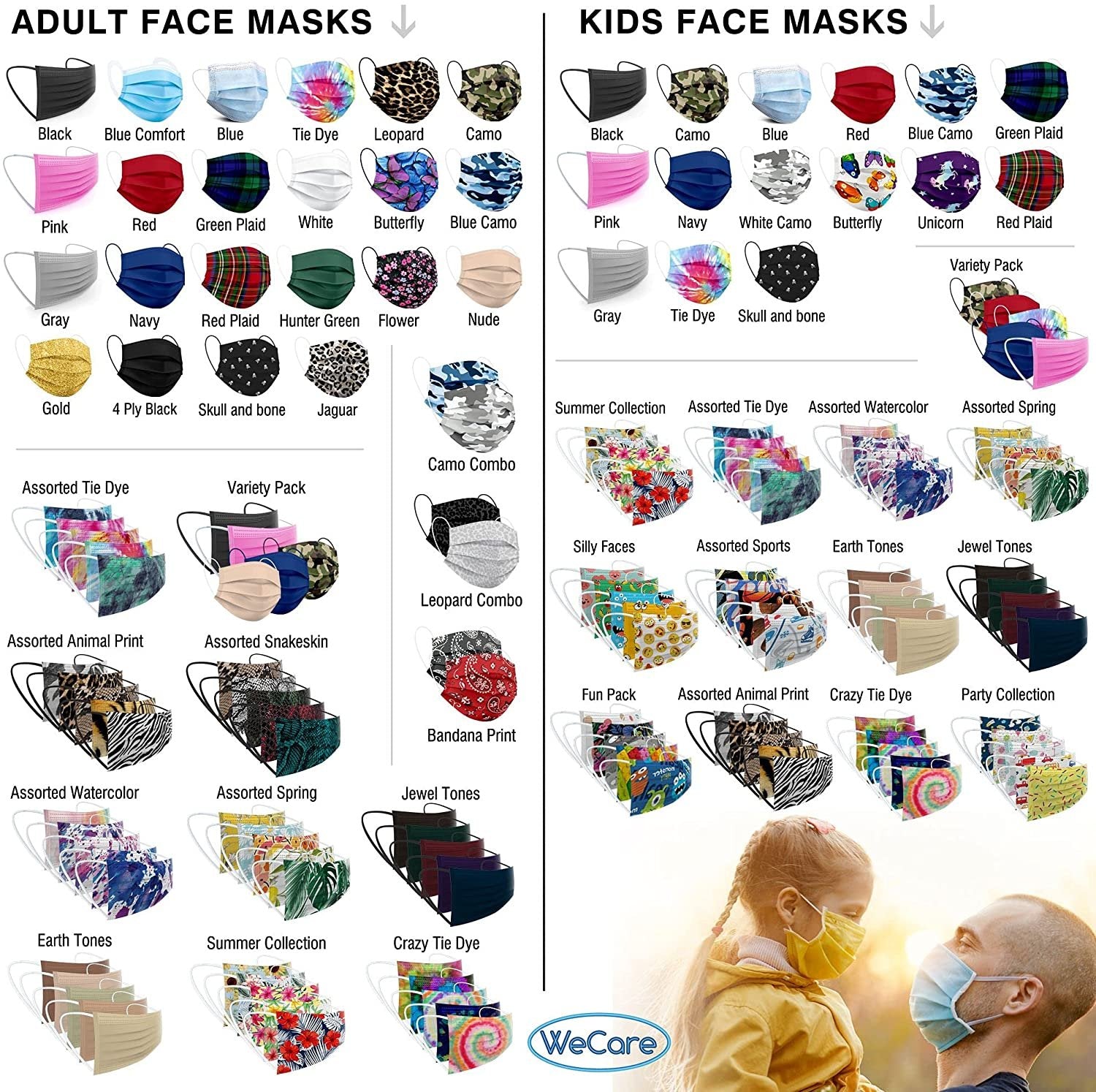 WeCare Disposable Face Masks For Kids, 50 Printed Masks, Individually Wrapped