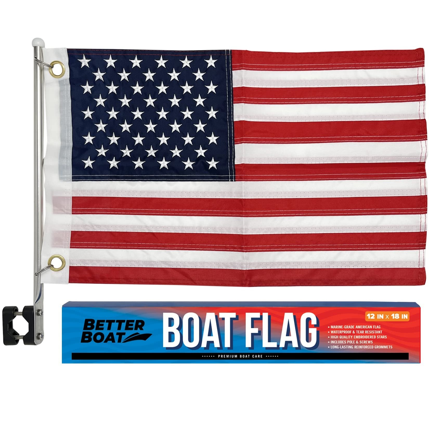 Better Boat Small US Flag Boat Set 12x18 - Marine Grade Flag Holder & Mount - Pontoon Accessories