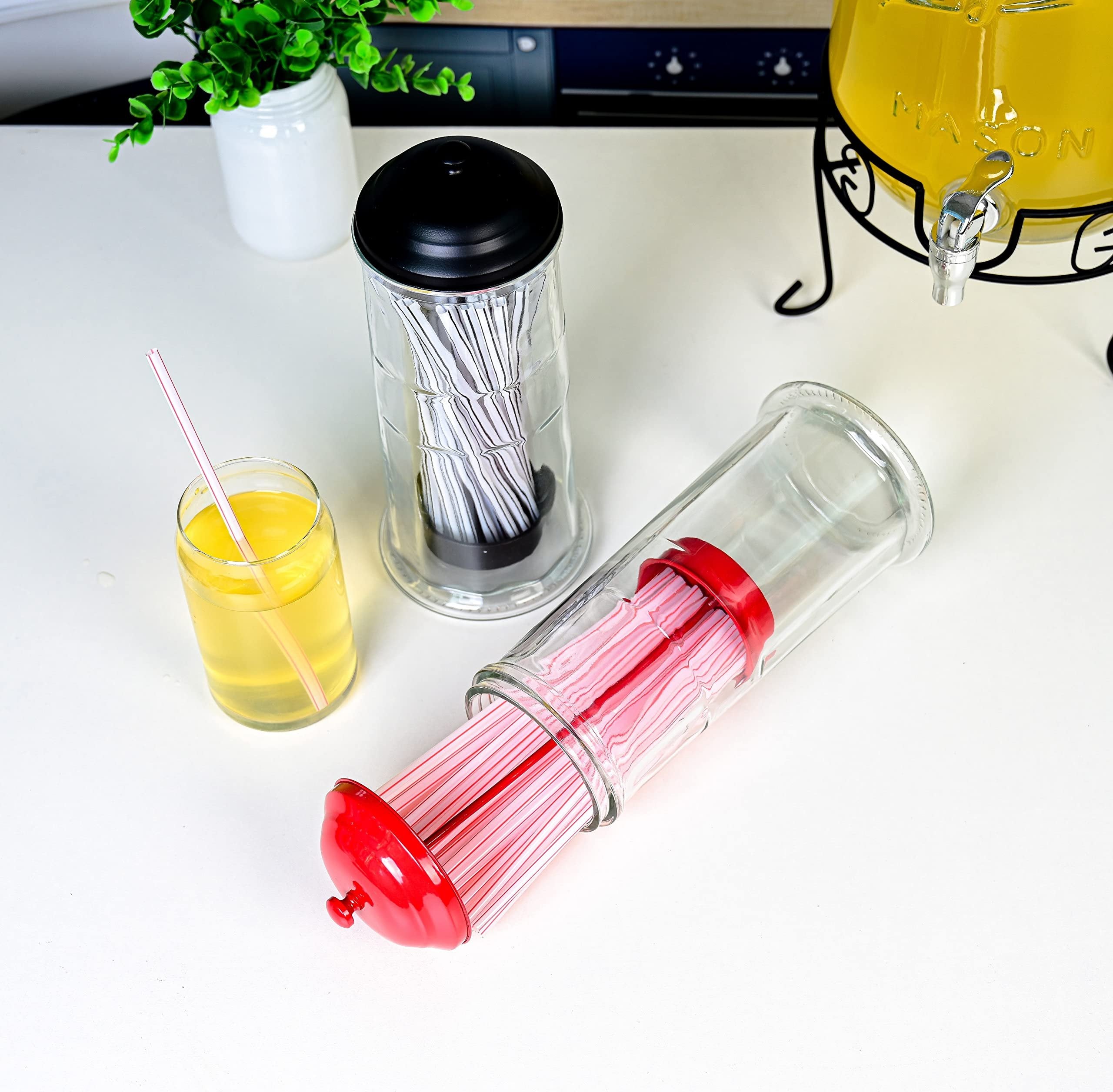 GADGETWIZ Red Glass Straw Dispenser w/ Stainless Steel Lid | Holds Straws up to 8.5 | Free Shipping & Returns"