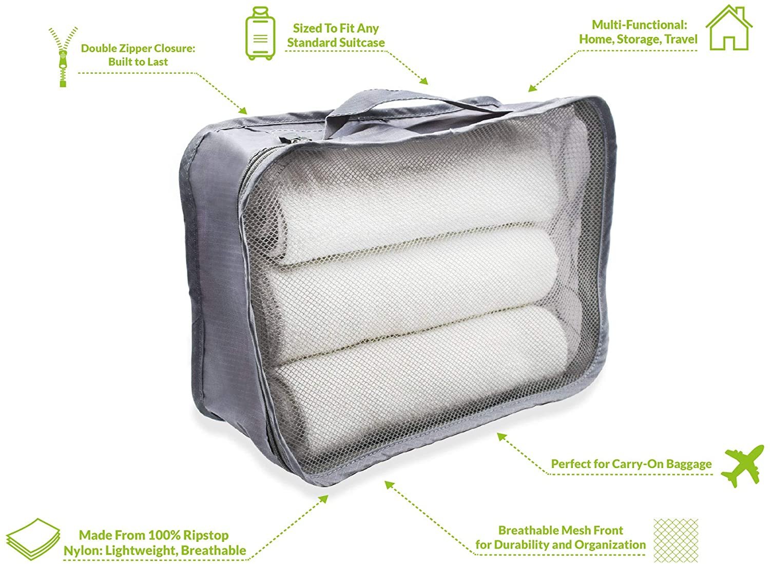 Medium Grey Packing Cubes - 4 Pack High Capacity Luggage Organizers for Travel, Ultralight Nylon Mesh Bags - 13.75x4x9.75