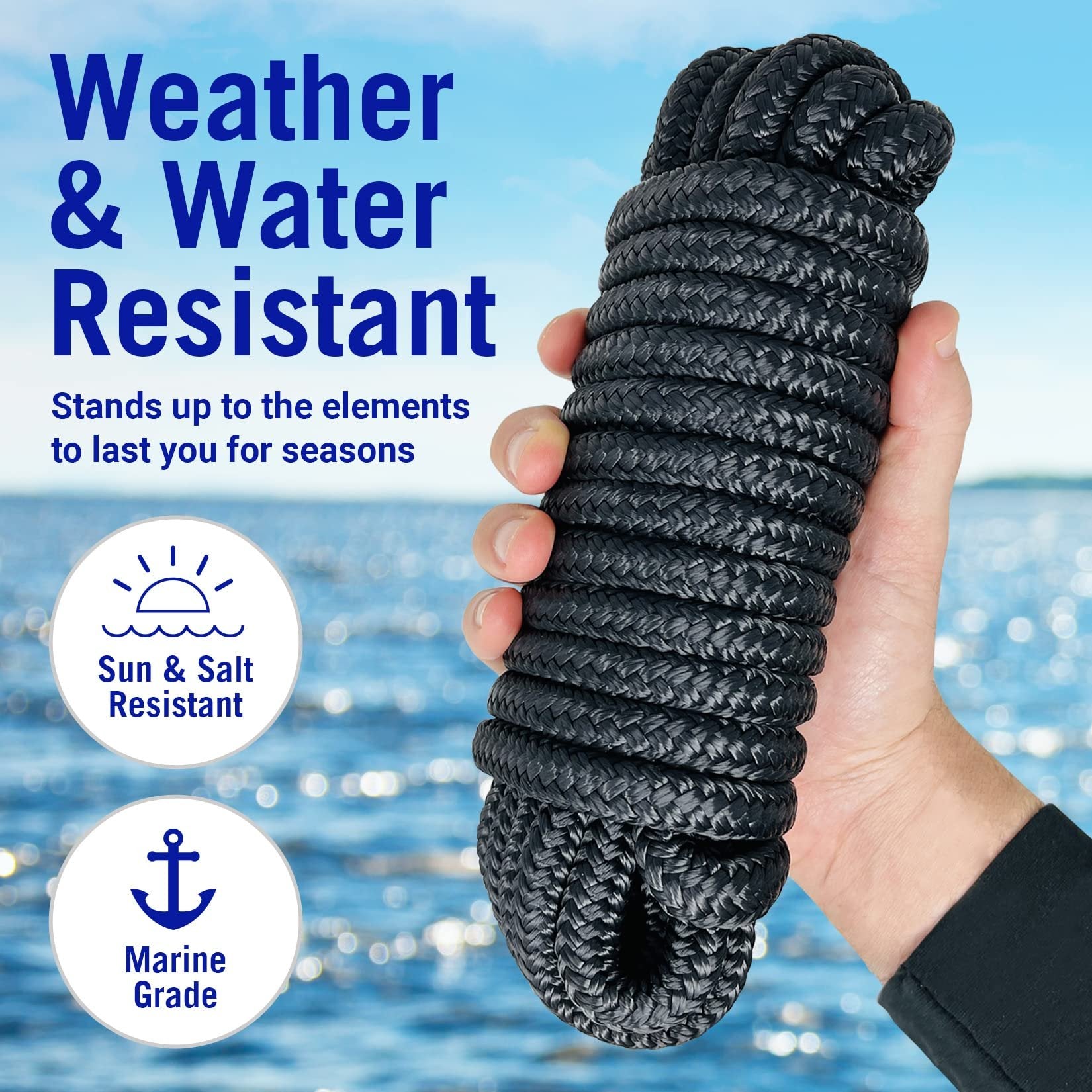 Boat Dock Lines 1/2 x 25 Ft - Braided Nylon Marine Rope Black 4 Pk with Loop - Free Shipping
