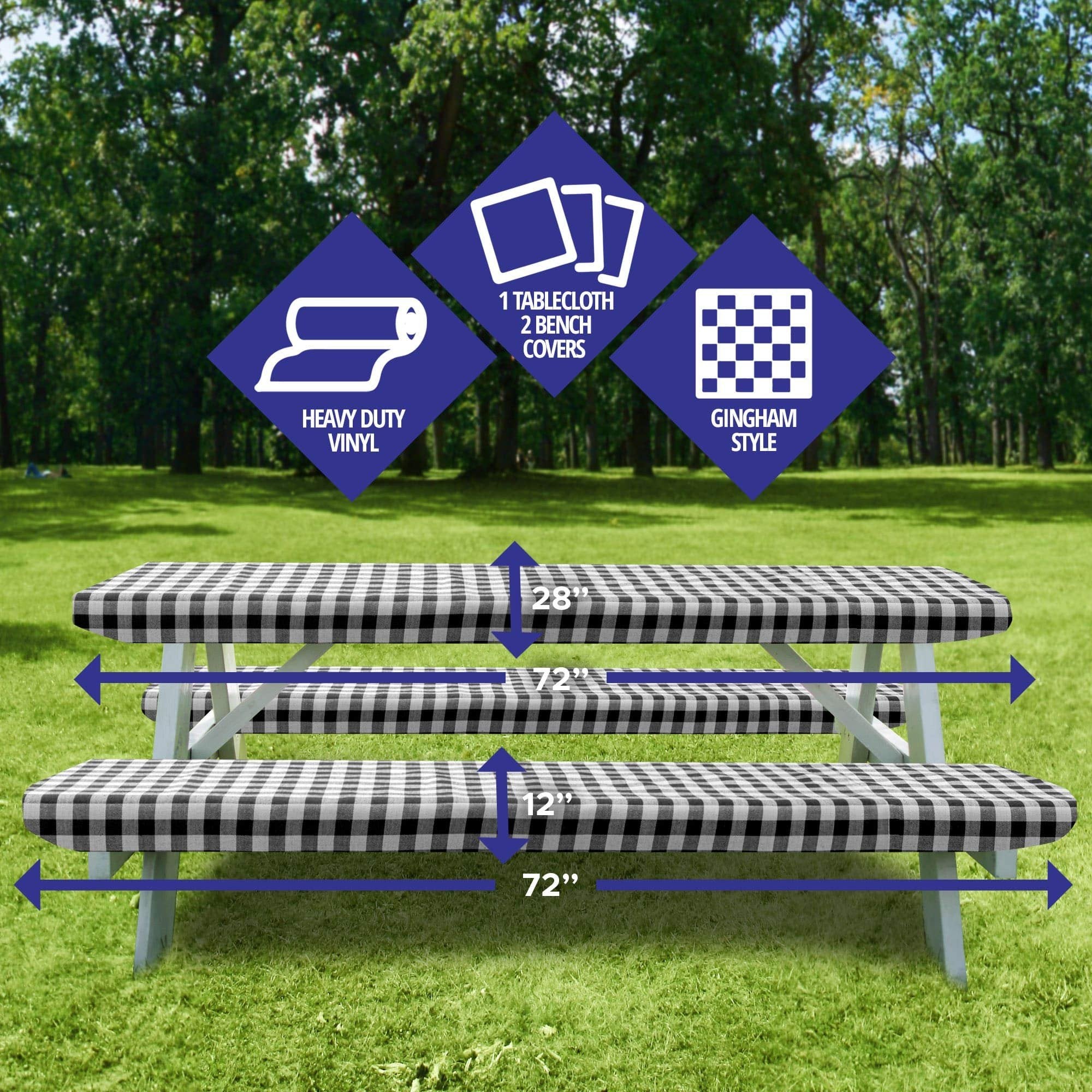 Sorfey Vinyl Picnic Table and Bench Fitted Tablecloth Cover, Checkered Design, Flannel Backed Lining, 28 x 72 Inch, 3-Piece Set, Black