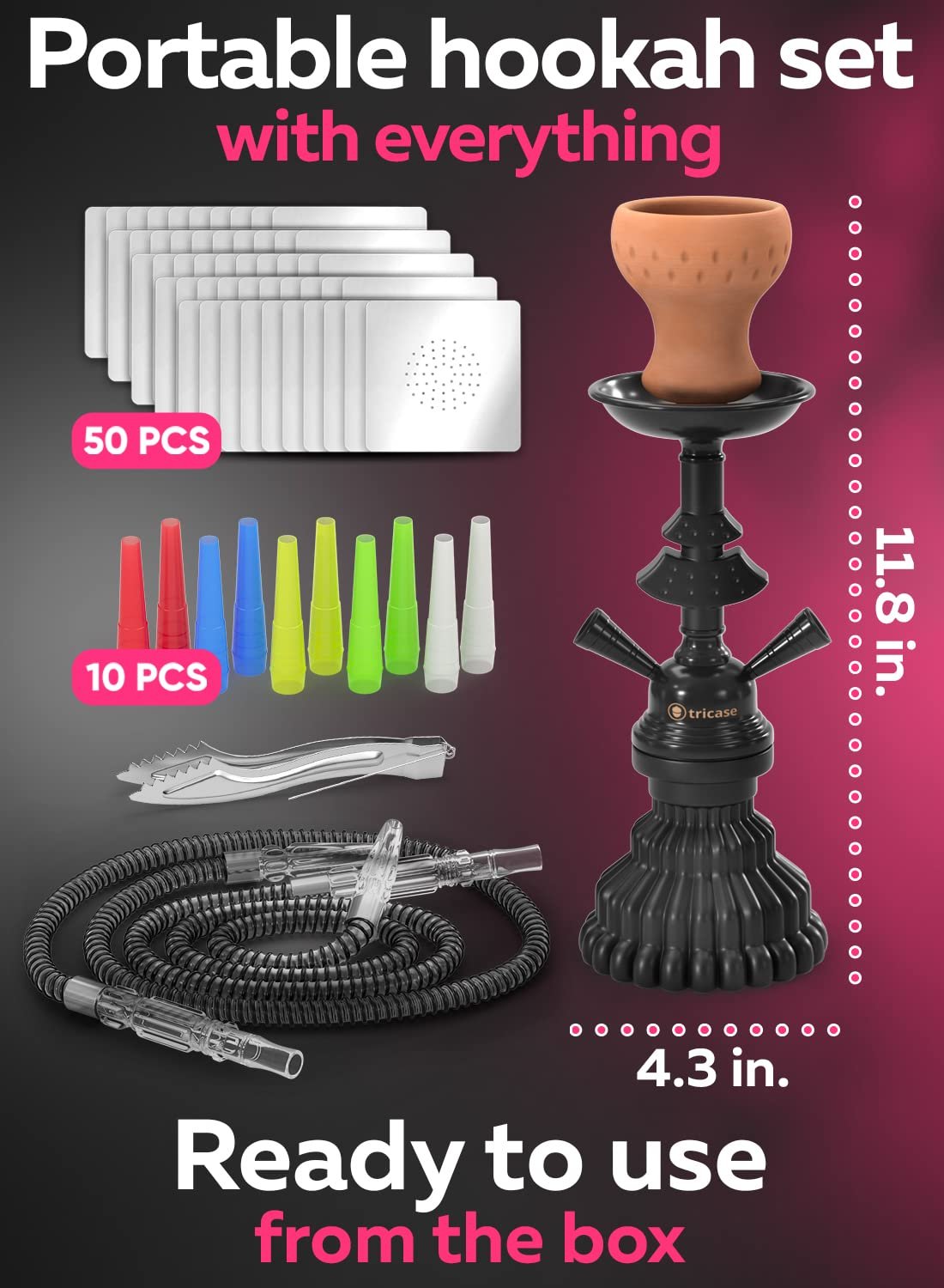 LilOne 12 Black Hookah Set - 2 Hose Kit with Foil, Tips, Mouthpiece, Tongs - Portable