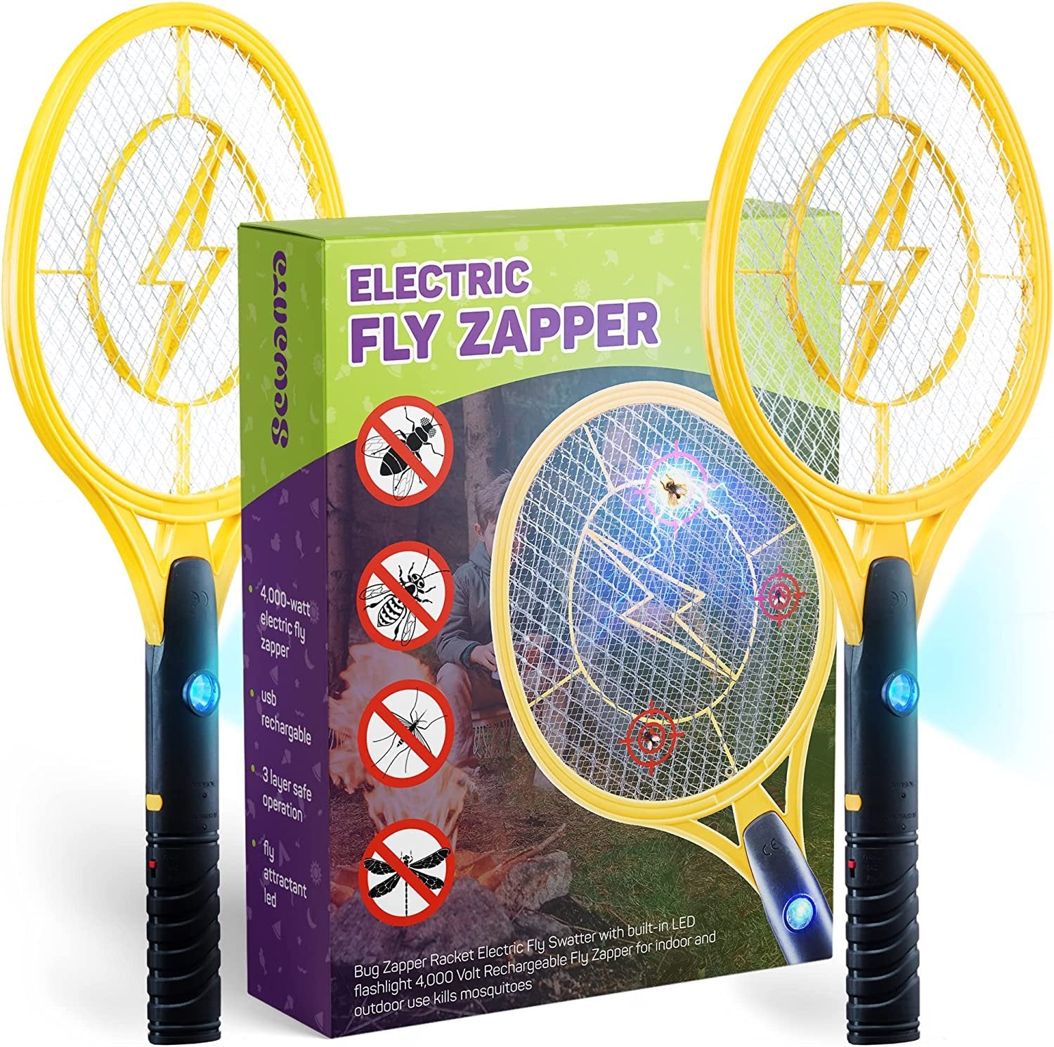 USB Rechargeable Black Fly Swatter Set of 2 - 4000V Handheld Bug Zapper with LED Light - Indoor/Outdoor Mosquito Killer