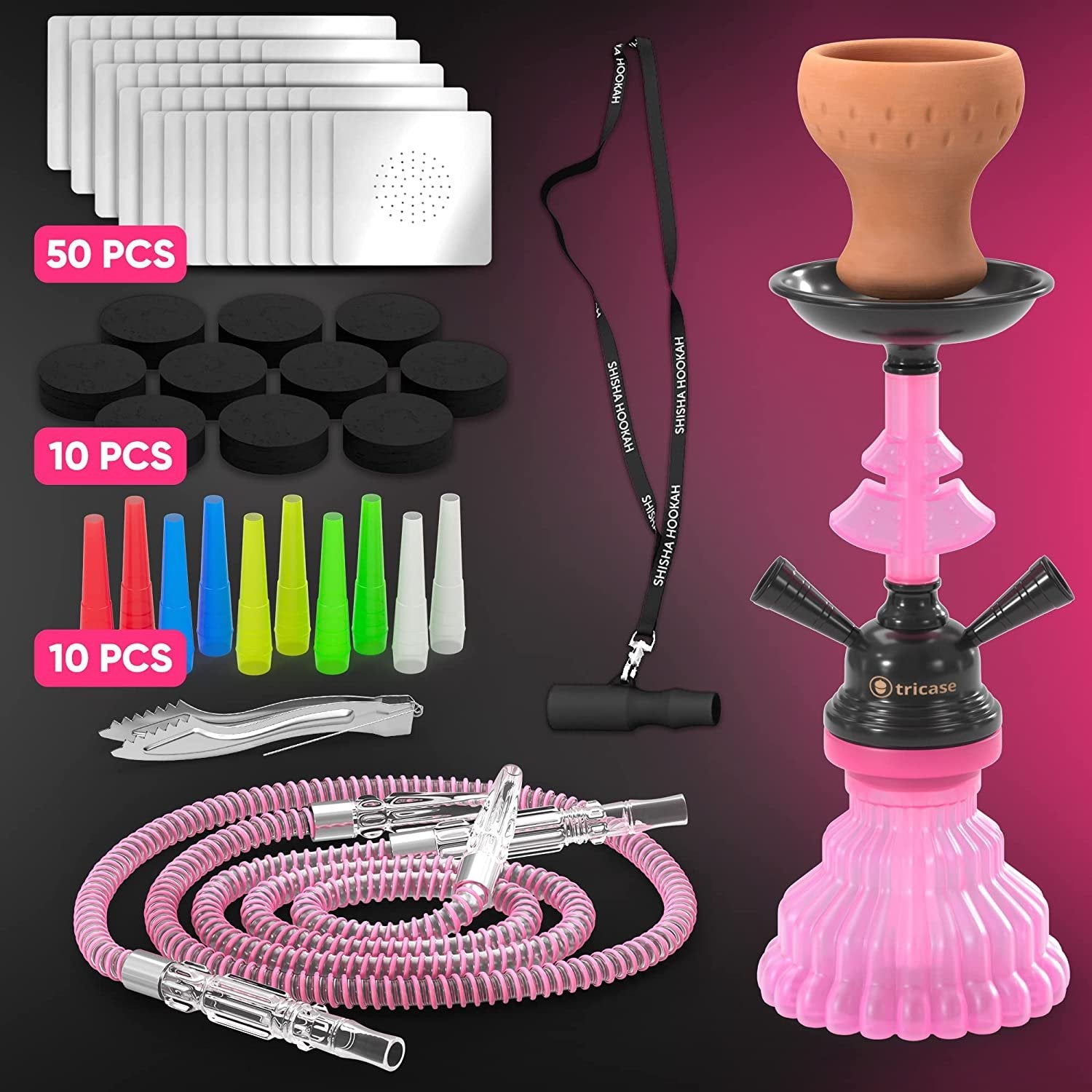 LilOne 12 Pink Mini Hookah Set - 2 Hoses, Foil, Charcoal, Tongs, Mouthpiece, Portable