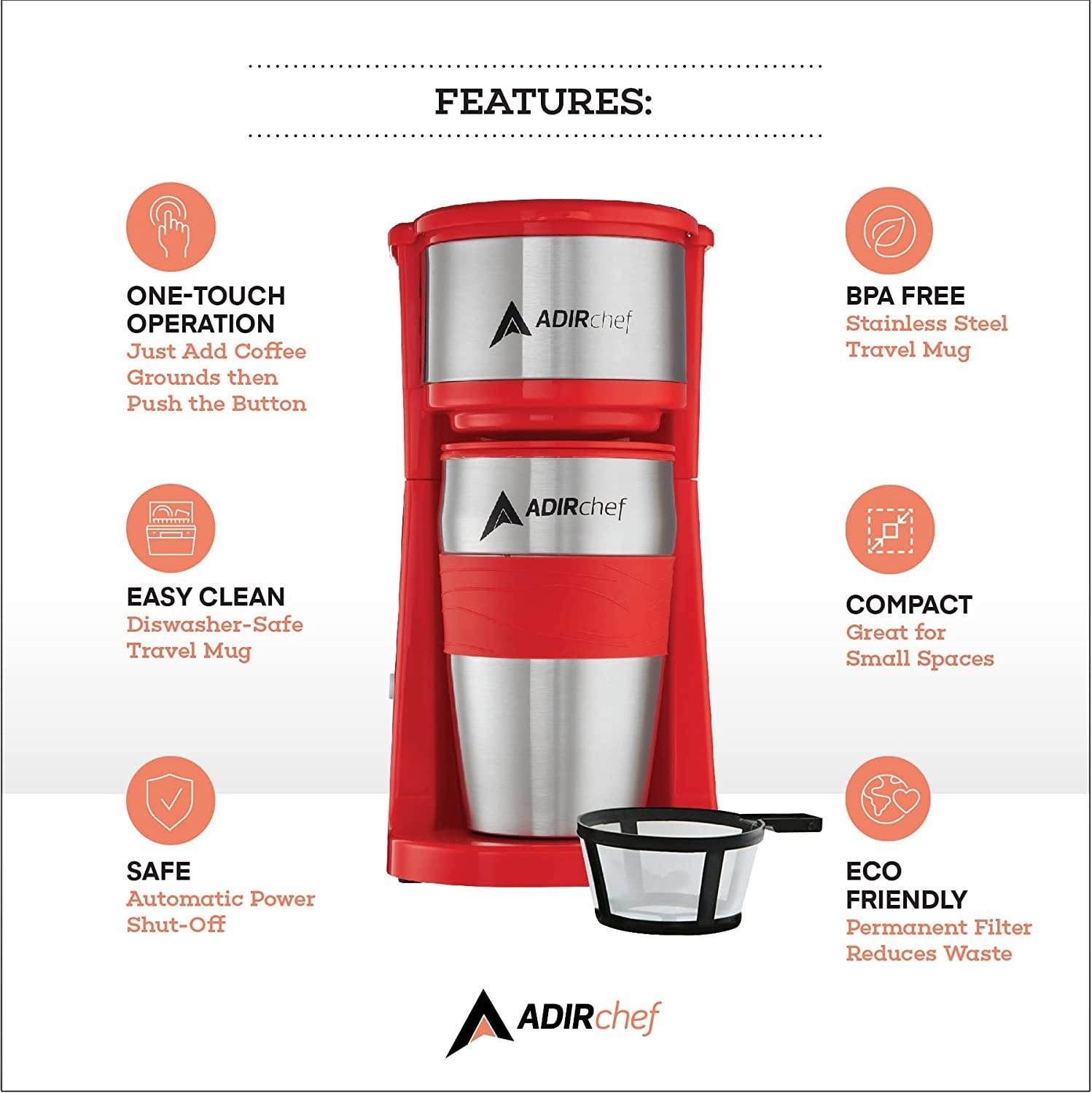 AdirChef Single Serve Mini Travel Coffee Maker & 15 oz. Travel Mug Coffee Tumbler & Reusable Filter for Home, Office, Camping, Portable Small and Compact for Fathers Day (Orange)