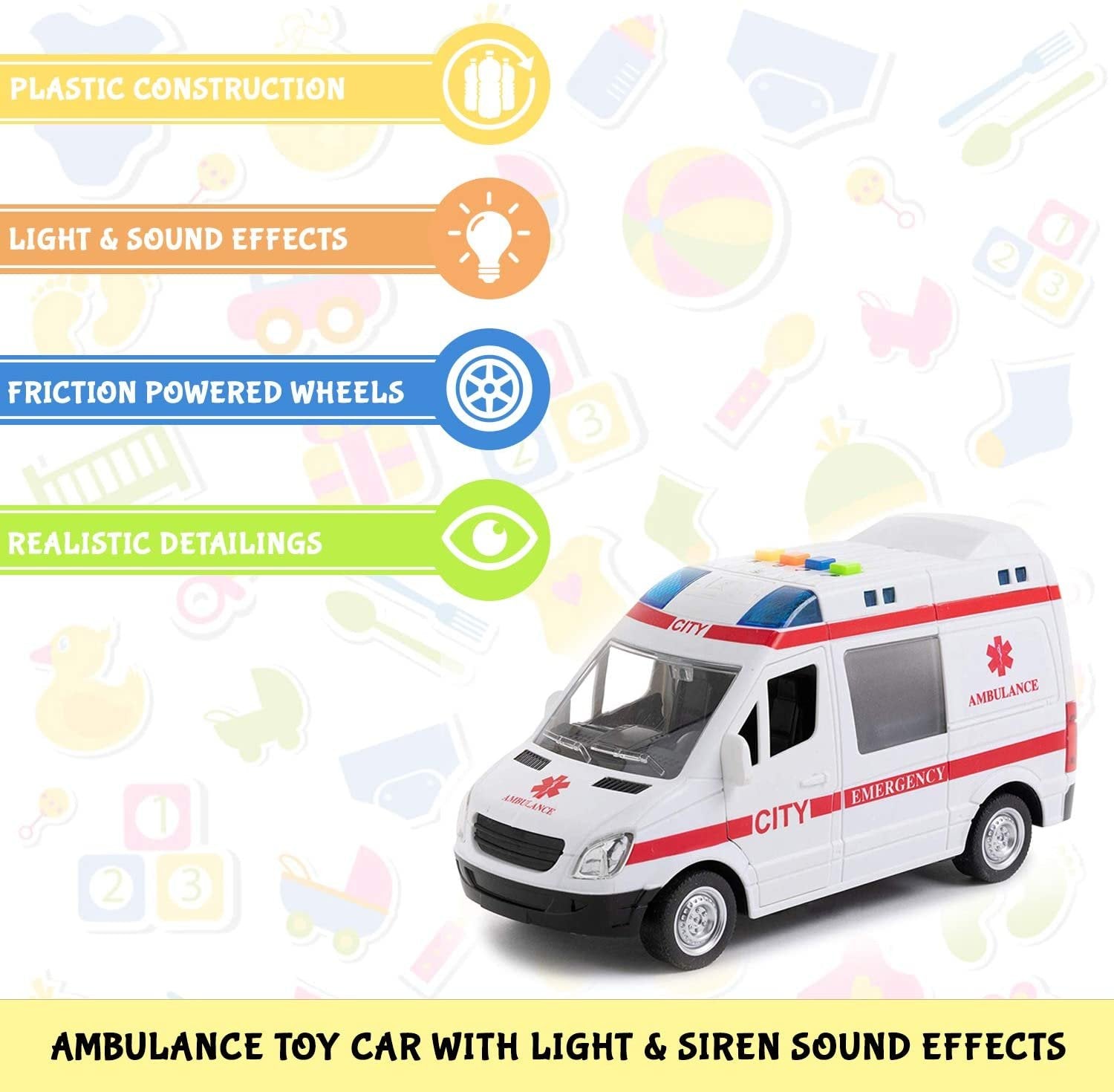 Ambulance Toy Car with Light & Siren Sound Effects - Friction Powered Wheels & LED Lights - Heavy Duty Plastic Rescue Vehicle Toy for Kids & Children by Toy To Enjoy