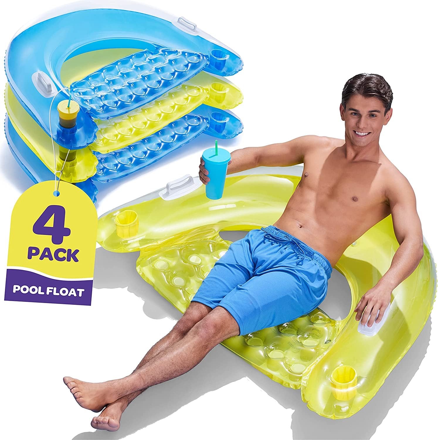 Pool Floats Adult Inflatable Chair Floats with Cup Holders & Handles - Happy Colorful Pool Floaties - Pool Float Comes in 2 Fun Colors, Blue & Yellow,