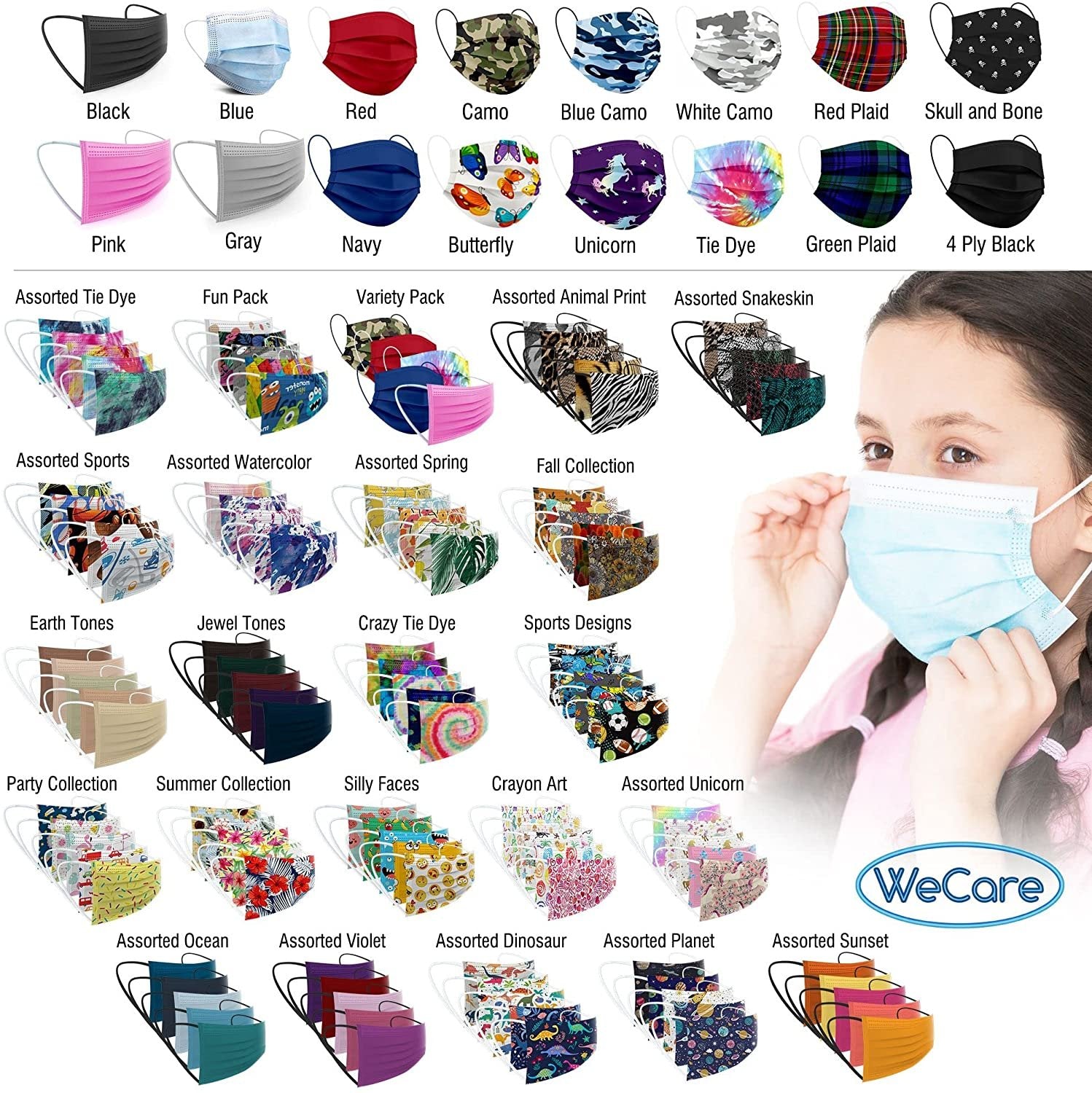 WeCare Disposable Face Masks For Kids, 50 Skull and Bones Print Masks, Individually Wrapped