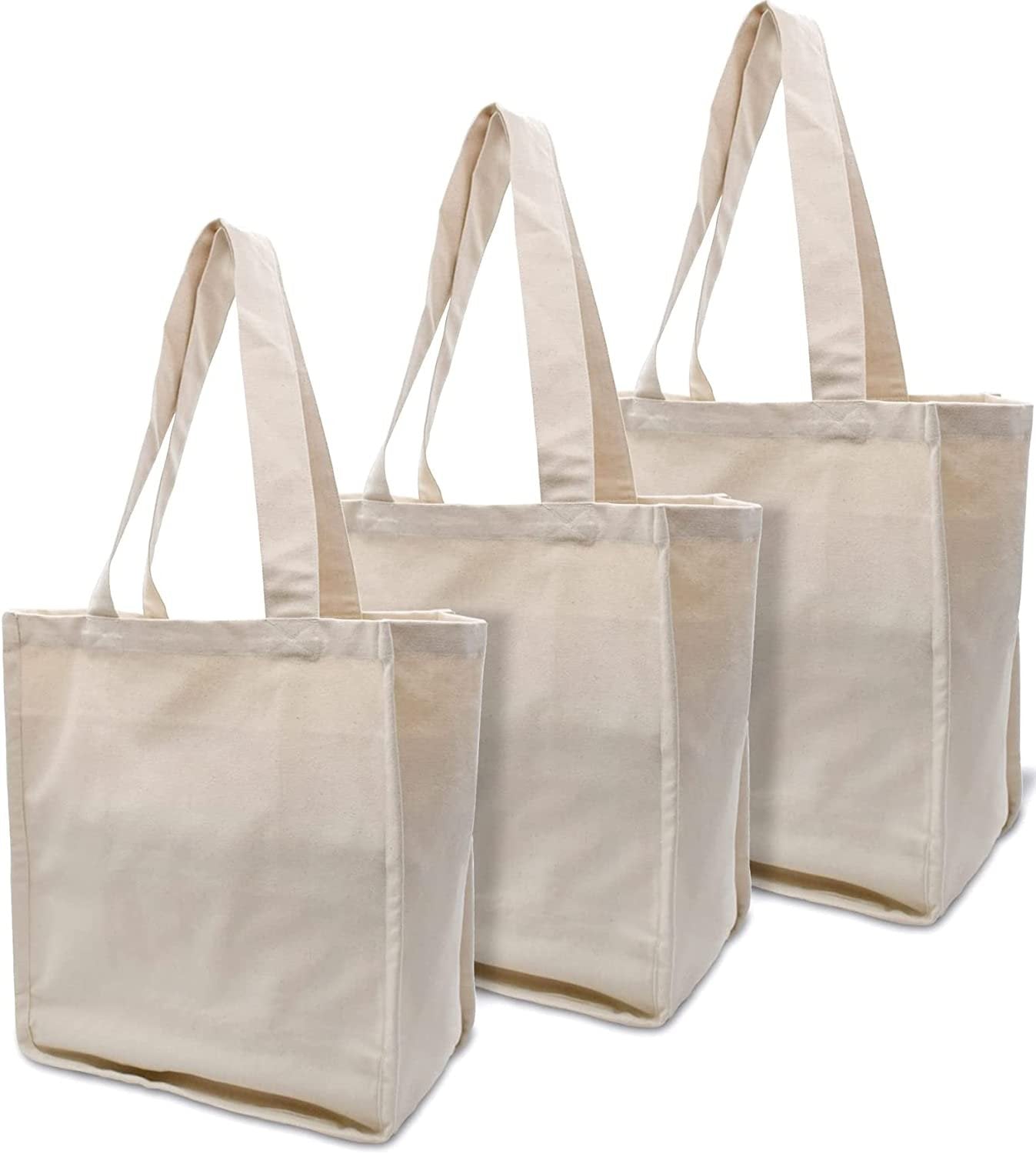 Canvas Grocery Bag - 3 Pack Large Organic Cotton Fabric Bags with Handles & Interior Pockets, Reusable Eco-Friendly Blank Cloth Totes for Groceries, Shopping, Sublimation, Travel, Bulk - 13.5x16.5x8