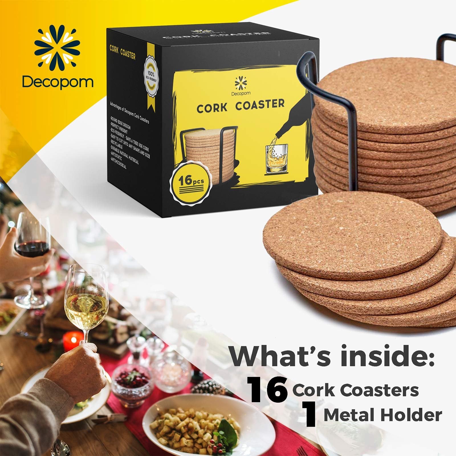 Decopom Brown/Beige Cork Coasters - 16 Count 4 inch Round Absorbent Drink Coasters with Metal Holder - Ideal for Hot/Cold Beverages, Glasses, Mugs, Plants - Bar Table and Apartment Decor