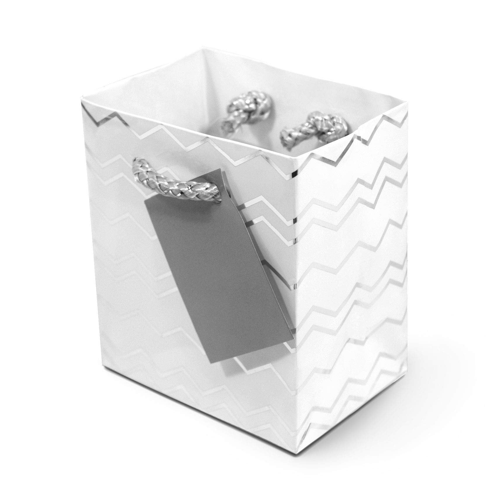 Silver Gift Bags - 12 Pack Mini Metallic Paper Gift Bags with Handles, Chevron, Polka Dot & Stripe, Extra Small Gift Wrap Euro Totes for Birthday Parties, Weddings, Holidays Bulk - 4x4.5x2.75