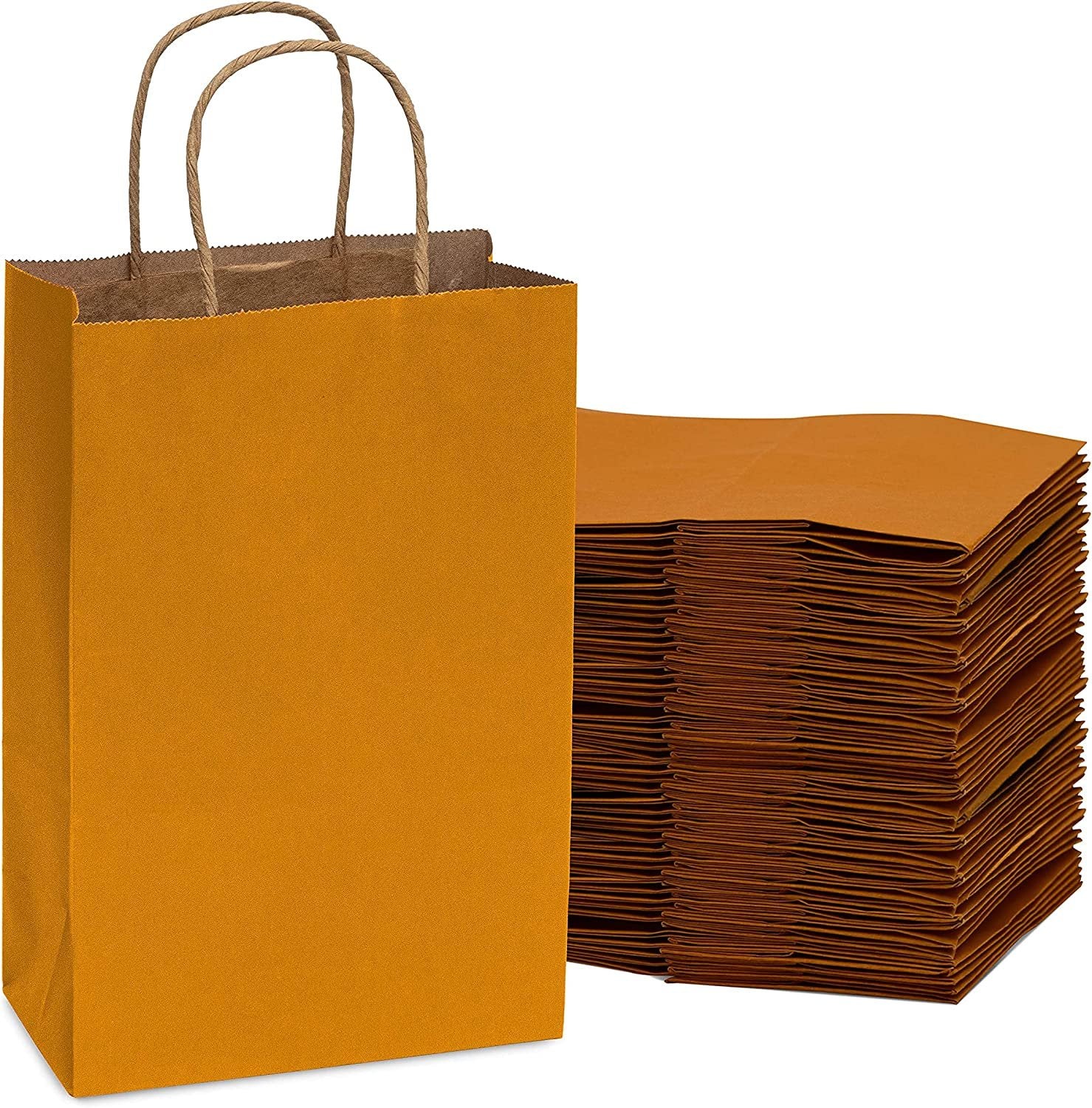 Orange Gift Bags - 6x3x9 Inch 50 Pack Kraft Paper Shopping Bags with Handles, Small Craft Totes in Bulk for Boutiques, Small Business, Retail Stores, Birthday Parties, Jewelry, Merchandise, Bulk