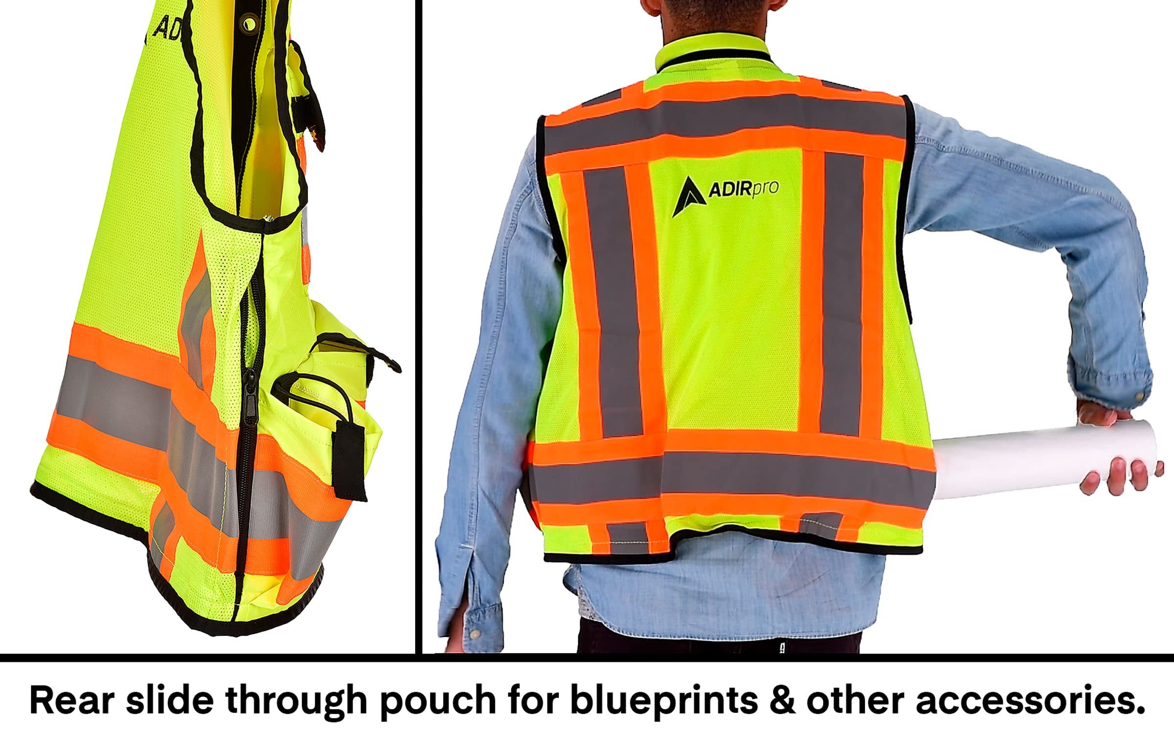 AdirPro Safety Vest - ANSI High Visibility Reflective Vest with Zipper and Utility Pockets, Class 2 Heavy-Duty Vest for Surveyors, Engineers, Construction Workers, Field Works (Yellow,XX-Large)