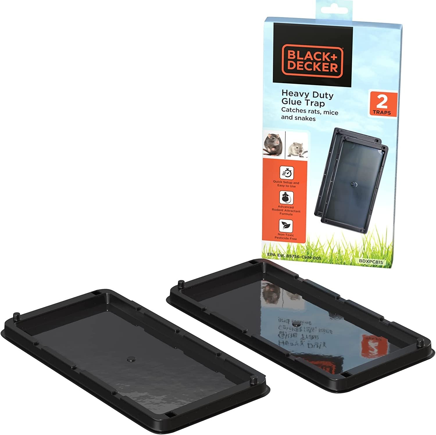 BLACK + DECKER Glue Traps for Mice and Rats- Heavy- Duty Sticky Mouse & Snake Trap- 2 Pre-Baited Trays for Rodents, Insects, Spiders & Other Vermins