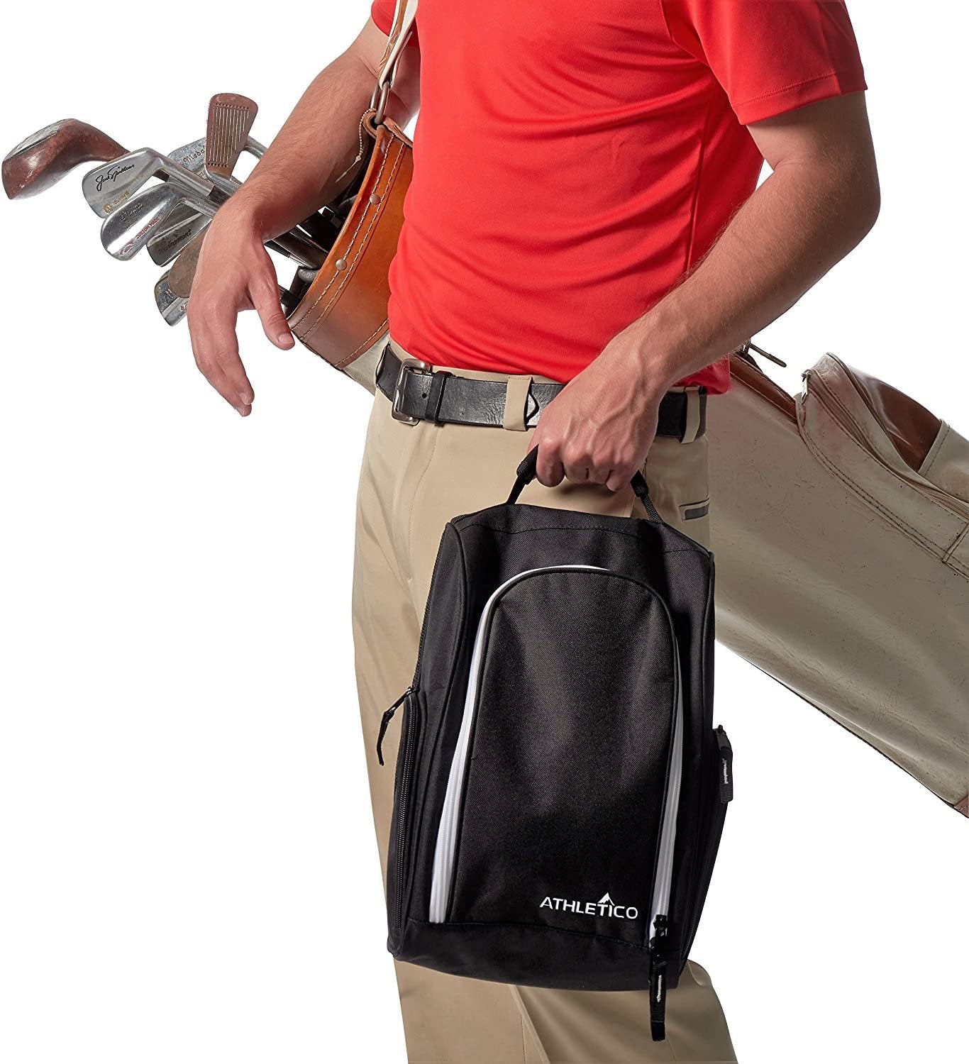 Large Athletico Golf Shoe Bag - Black Zippered Carrier w/ Ventilation & Pocket for Socks, Tees - Free Shipping & Returns