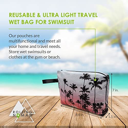 Small Wet Bag for Swimsuit - Palm Beach & Black Print, Reversible Waterproof Pouch with Carabiner Clip, Diaper Bag for Bathing Suits, Travel, Gym, Baby - 8.5x1.75x6.5 Inch