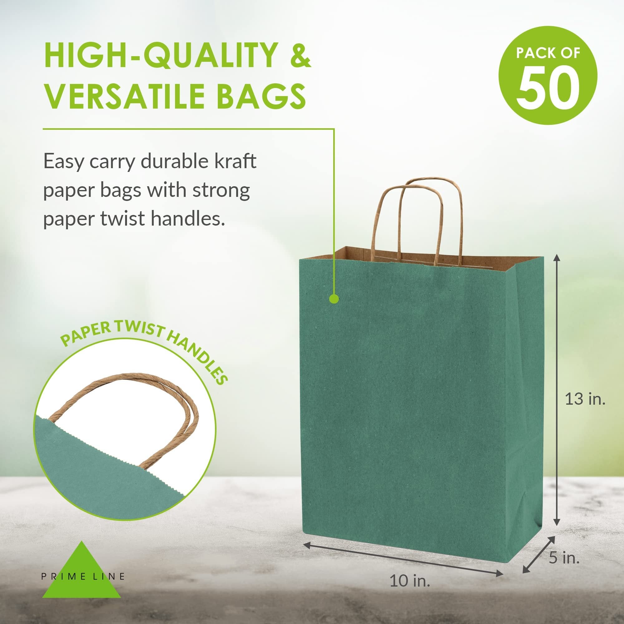 Prime Line Packaging Green Gift Bags - 10x5x13 Inch - 50 Count Pack Medium Kraft Paper Bags with Handles, Perfect for Boutiques, Small Business, Retail Stores, Birthdays and More!