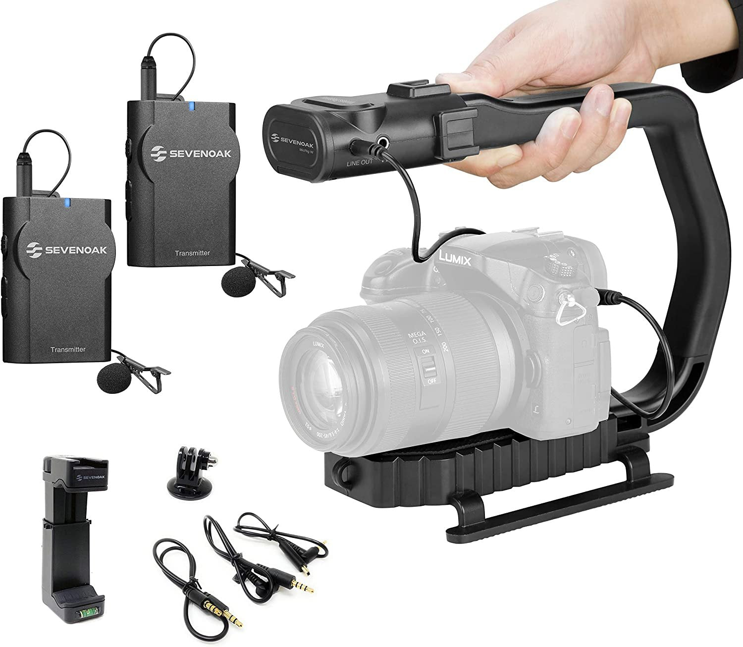 Movo MicRig-W2 Wireless Microphone Filmmaker Kit - Video Handle Stabilizer with Built-in Dual Wireless Lavalier Microphone Compatible with Canon EOS, Nikon, Sony, Panasonic DSLR and Mirrorless Cameras