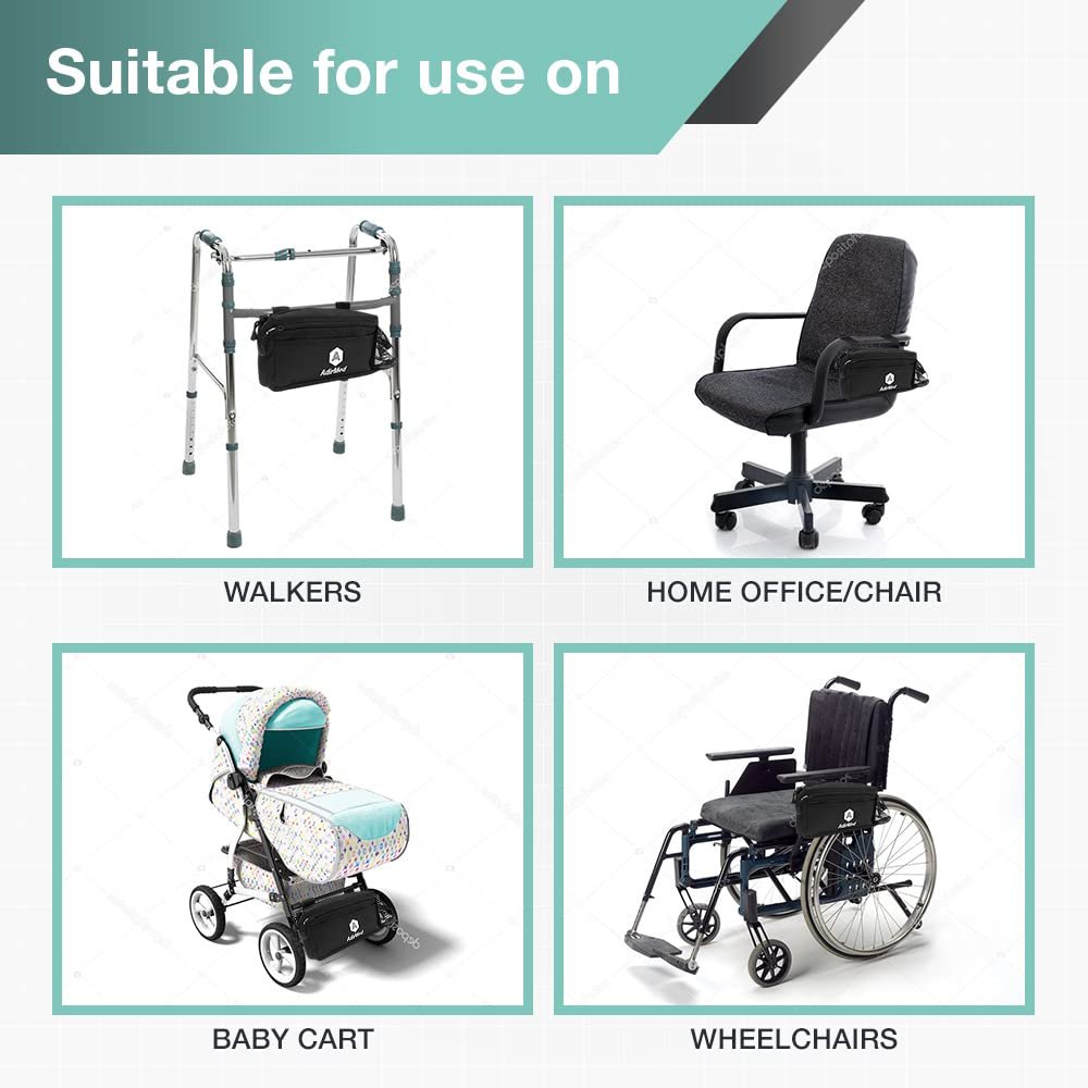 AdirMed Black Walker Bag & Wheelchair Tote | Side Pouch for Rollators | Fits 1 Count (Pack of 1) | Free Shipping & Returns