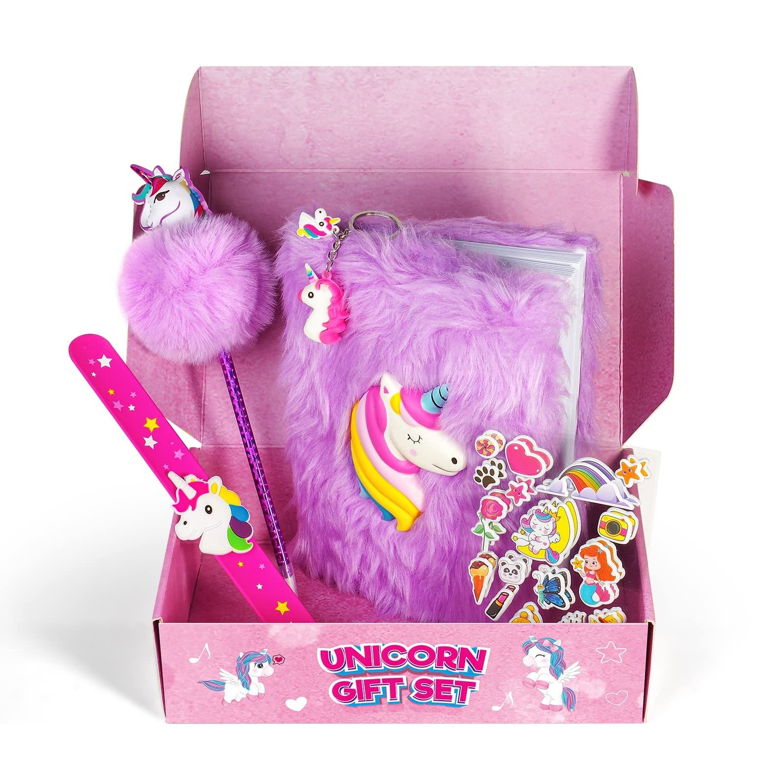 Madzee Girls Gift Set, Plush Diary, 3D Stickers, Slap Bracelet, Keychain - Cute Stationery Gift for Girls Age 4+ (Unicorn)