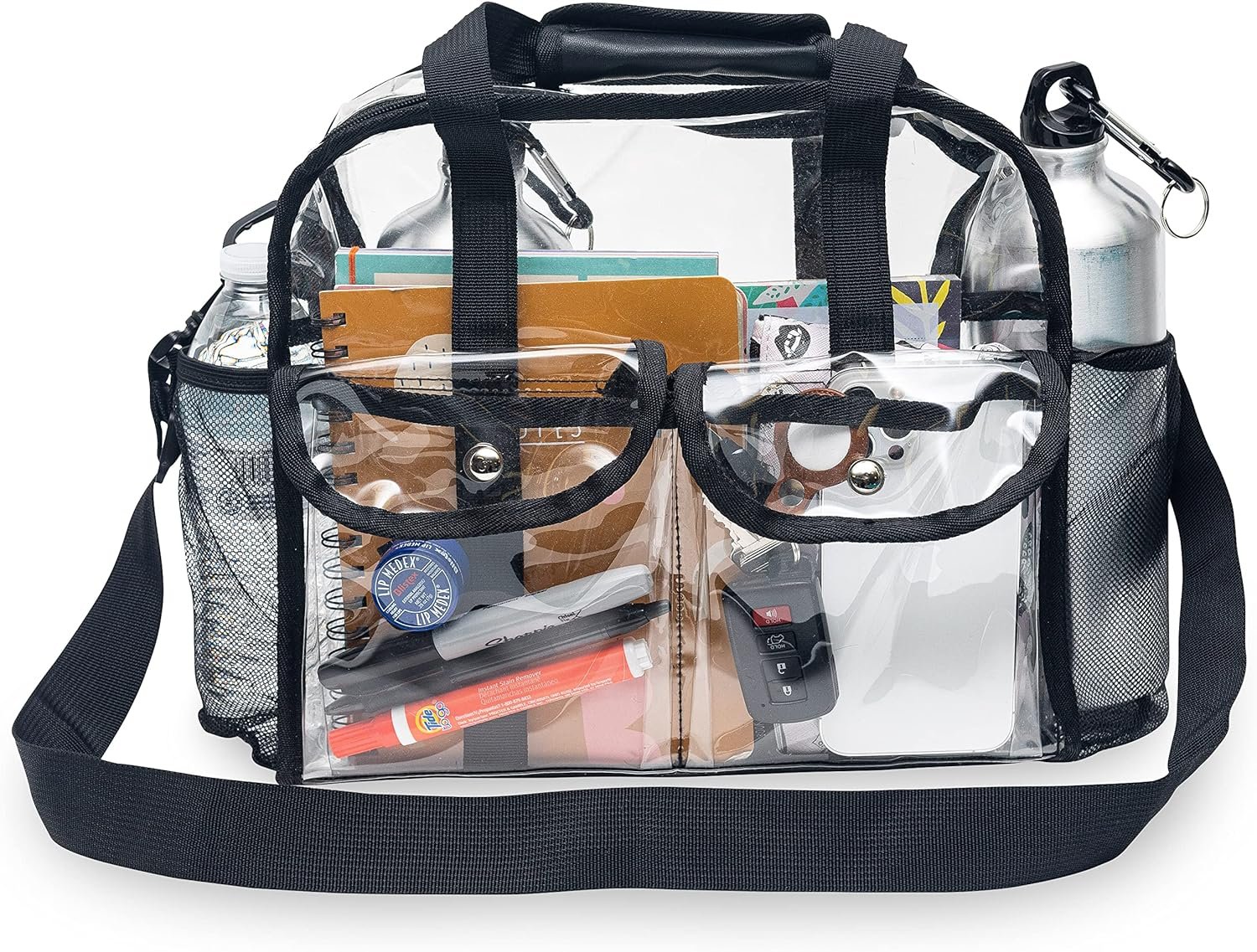 Clear Tote Bag - 12x6x12 Clear Stadium Bag, Transparent Water Resistant Plastic Messenger Tote with Handles, Shoulder Strap, & Pockets, Approved for Stadium Events, Concert, Festivals, Travel, Work