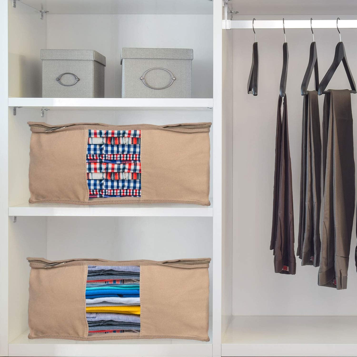 HOLDN' STORAGE Clothes Storage Bag Organizer - Set of 2 Beige Bags (18x14x8) with Cedar Insert for Moth Protection