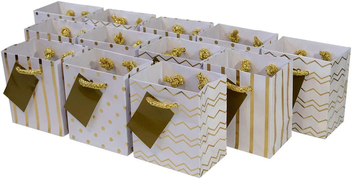 Gold Metalic Chevron Stripe Gift Bags w/Handles, Assorted Designs, 4x4.5x2.75 Inch (12 Pack)