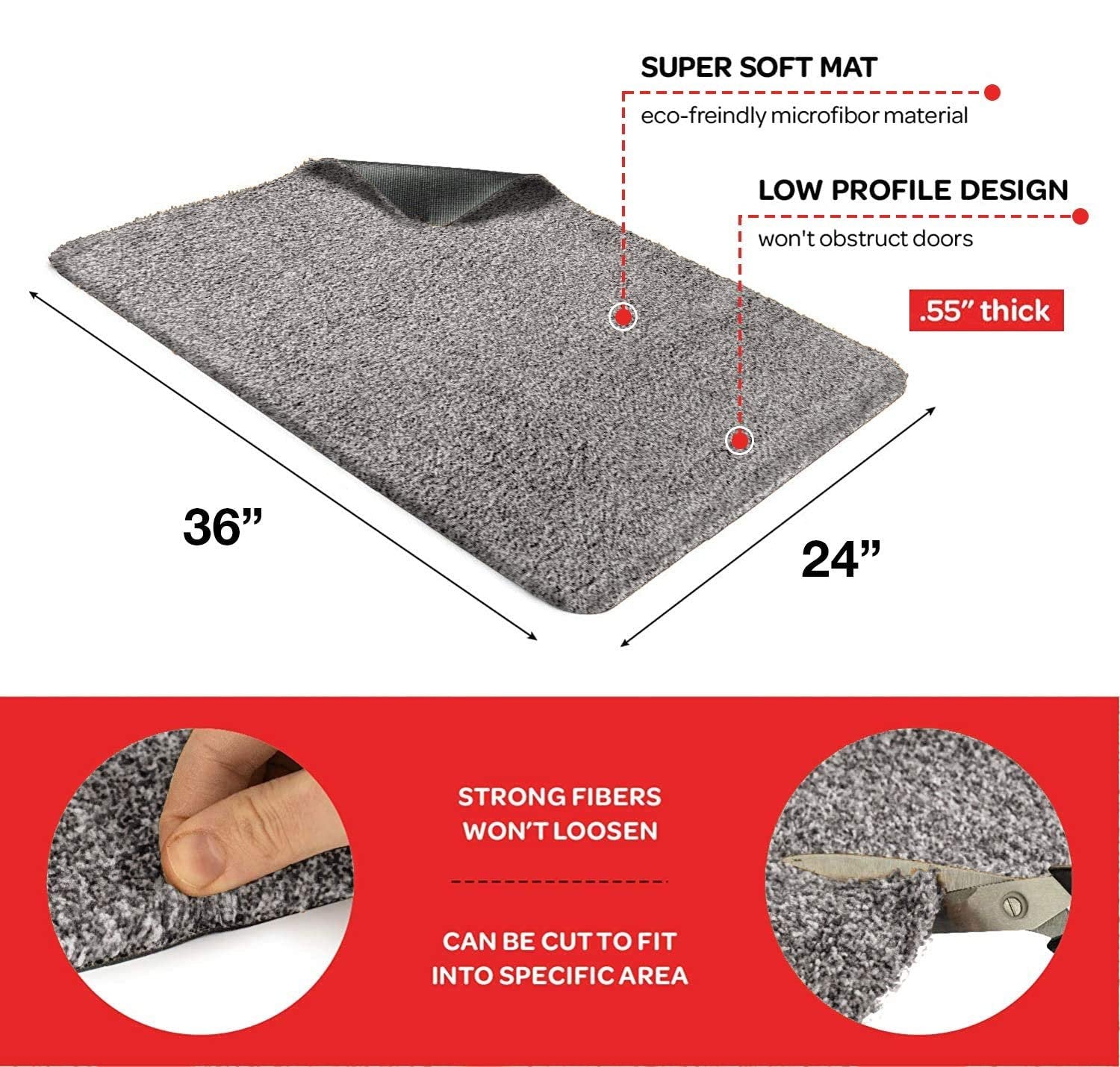 Kaluns 24x36 Gray Door Mat - Super Absorbent Mud Mat, Non Slip PVC Backing, Machine Washable