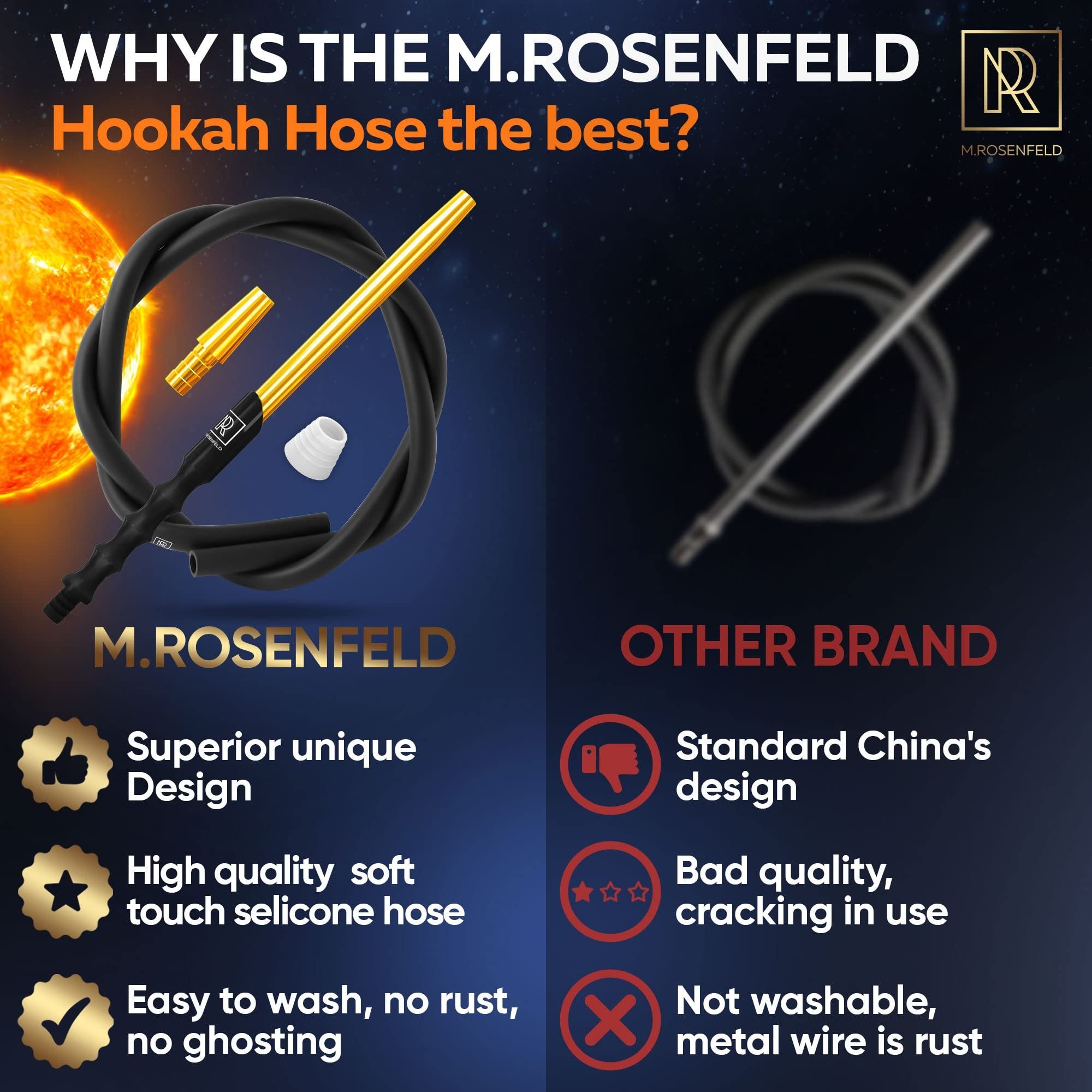 M. ROSENFELD 60" Long Hookah Hose Silicone - Gold Color - Washable - Modern Handle - 15" Aluminum Mouthpiece