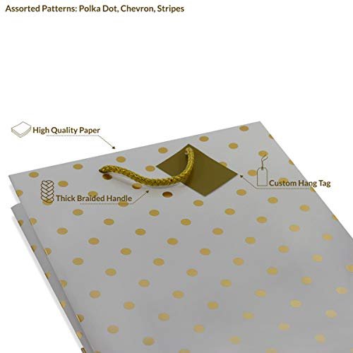 Gold Gift Bags - 12 Pack Medium, 7.5x3.5x9 Inch, Metallic Chevron, Polka Dot, & Stripe Prints, Free Shipping