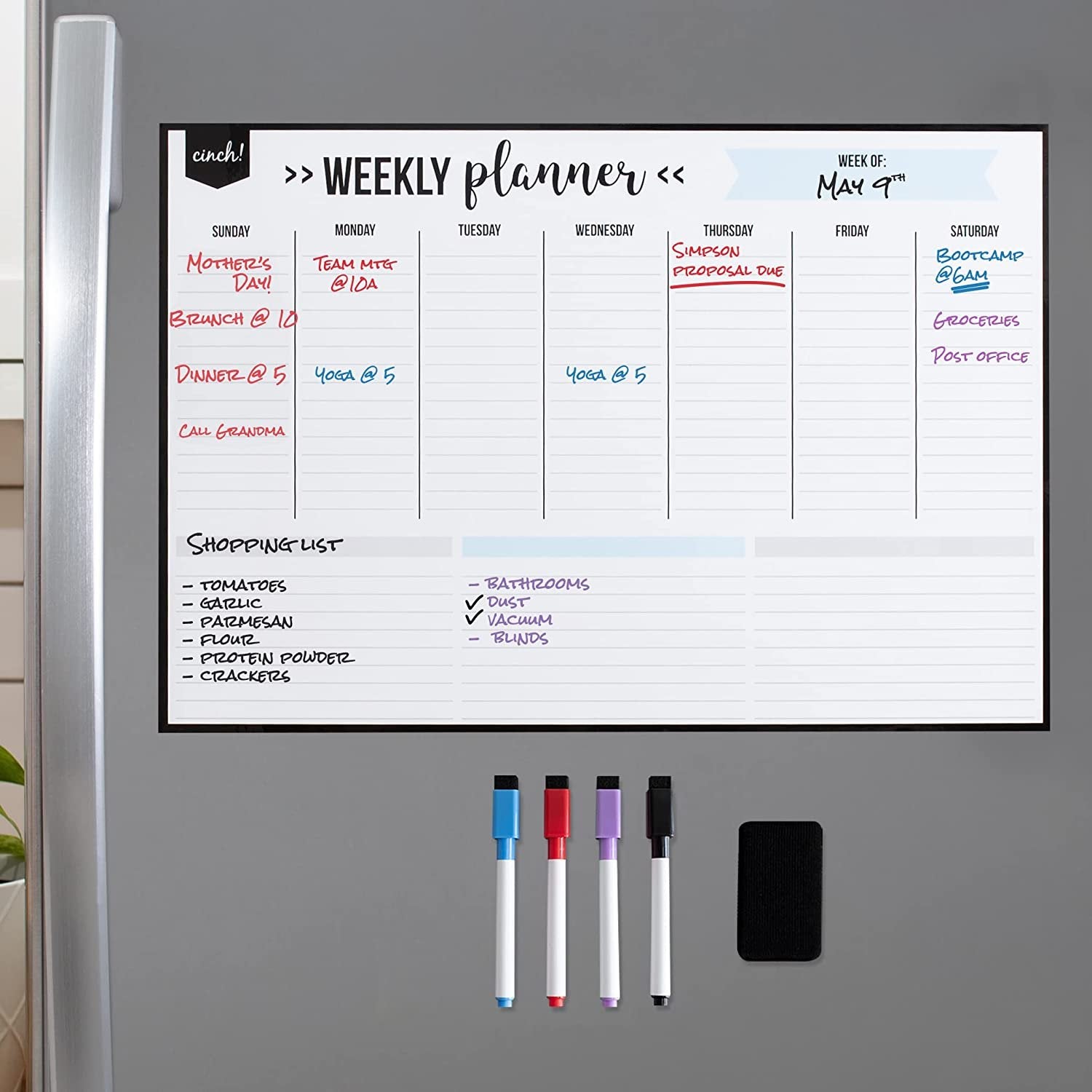 Magnetic Dry Erase Weekly Planner Calendar for Fridge: Stain Resistant Technology - 19x13" - 4 Fine Tip Markers and Large Eraser with Magnets - Whiteboard Organizer Planner: Refrigerator White Board