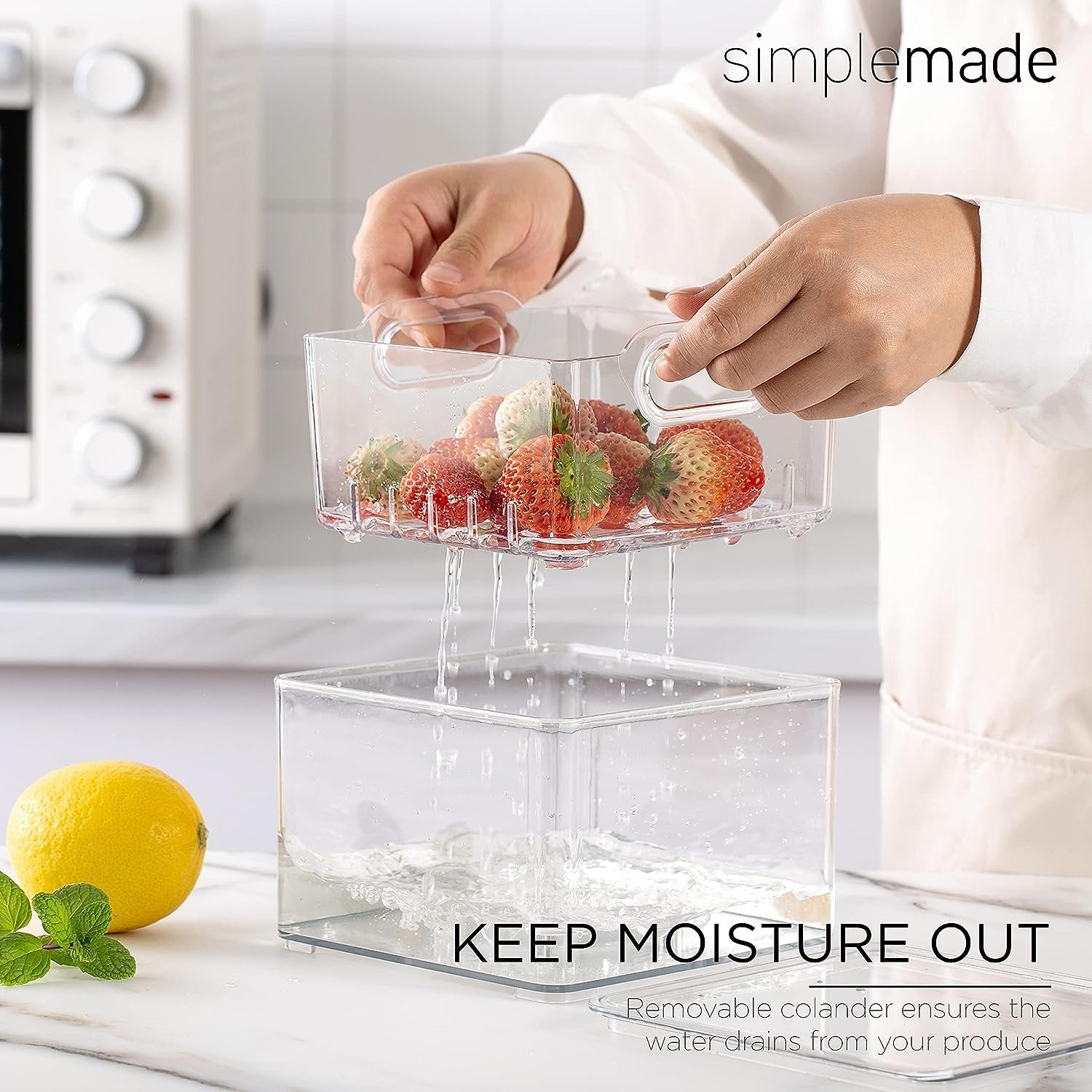 SIMPLEMADE Clear Berry Bins - Berry Keeper Container, Fruit Produce Saver Food Storage Containers with Removable Drain Colanders, Vegetable Fresh Keeper Set - Refrigerator Organizer (Square)