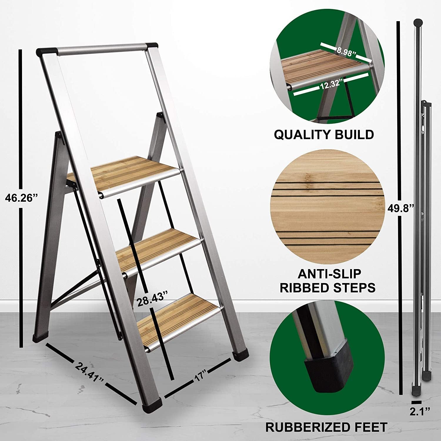 Step Ladder 3 Step Folding, Decorative - Beautiful Bamboo &Silver Aluminum, Ultra Slim Profile, Anti Slip Steps, Sturdy-Portable for Home, Office, Kitchen, Photography Use,by SORFEY