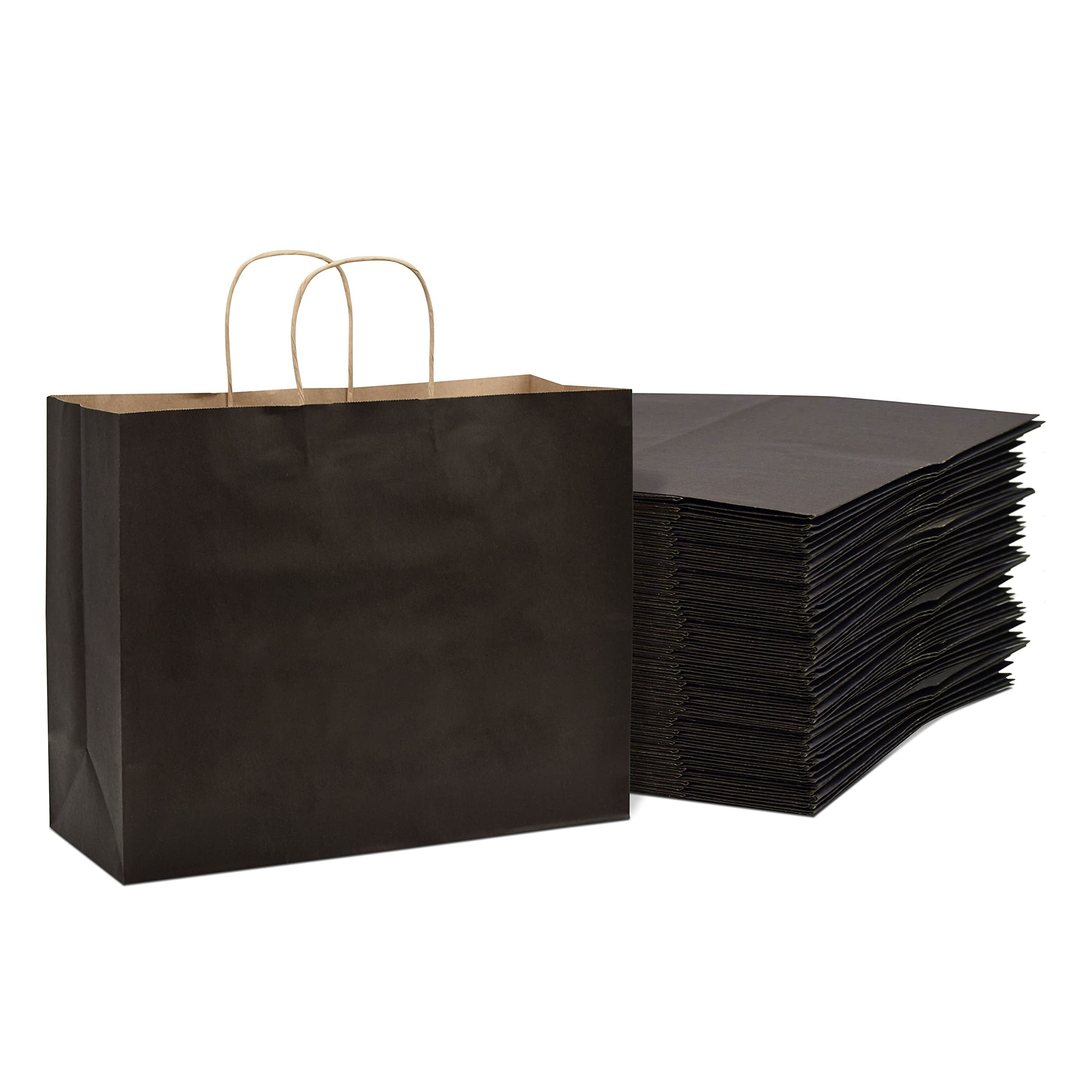 Prime Line Packaging Black Paper Bags - 16x6x12 Inch (50 Pack) Large Kraft Shopping Bags for Boutiques, Retail Stores, Parties, and Gifts