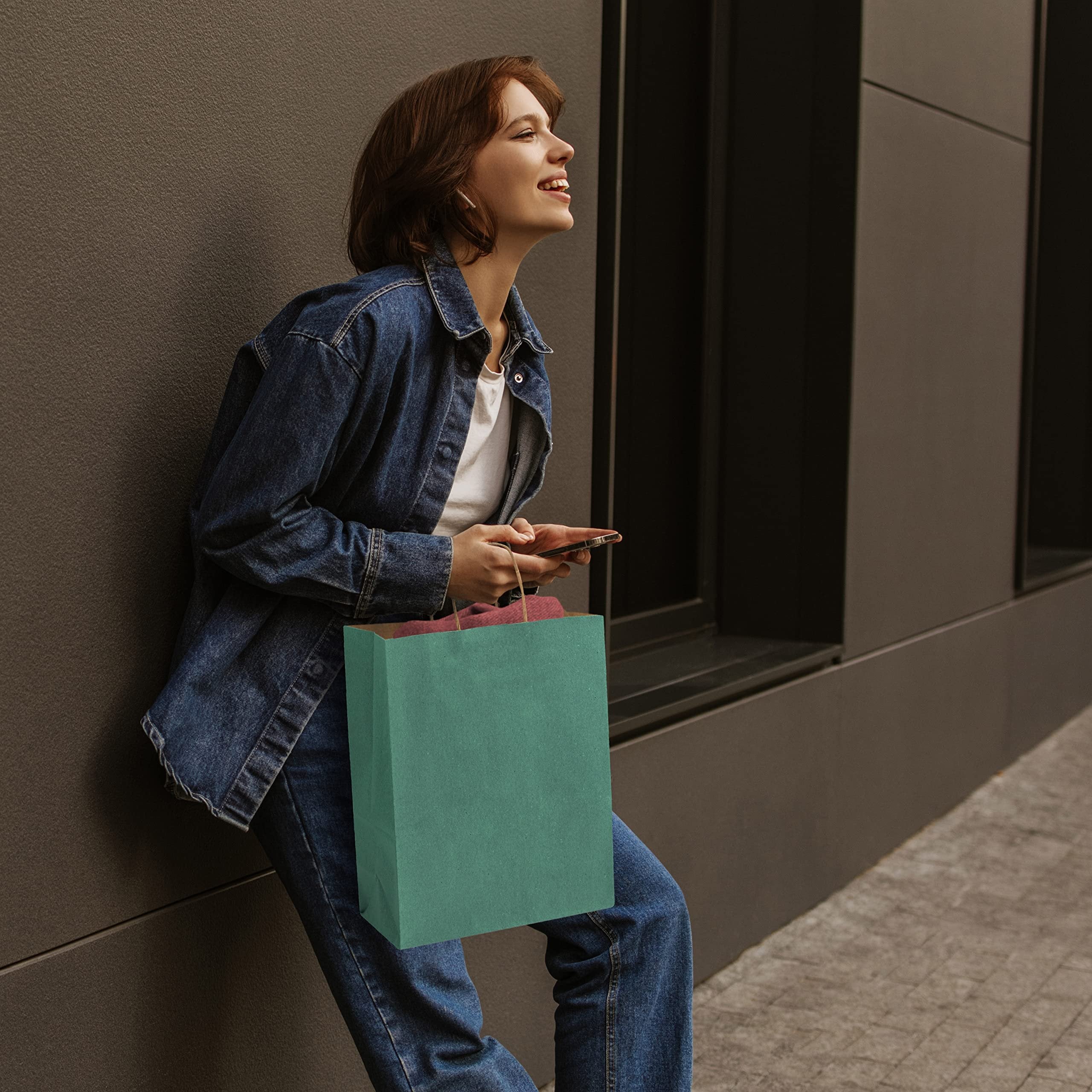 Prime Line Packaging Green Gift Bags - 10x5x13 Inch - 50 Count Pack Medium Kraft Paper Bags with Handles, Perfect for Boutiques, Small Business, Retail Stores, Birthdays and More!