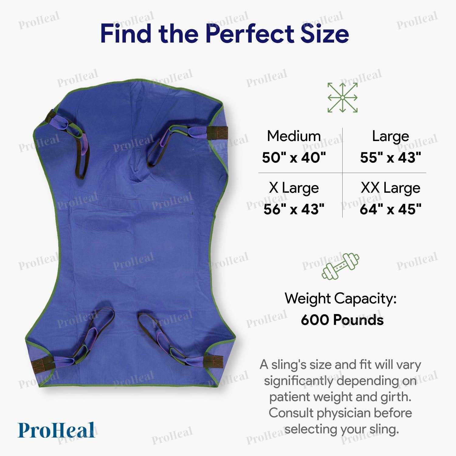 ProHeal Universal Full Body Lift Sling, Medium, 50"L x 40" - Solid Fabric Polyester Slings for Patient Lifts - Compatible with Hoyer, Invacare, McKesson, Drive, Lumex, Medline, Joerns and More