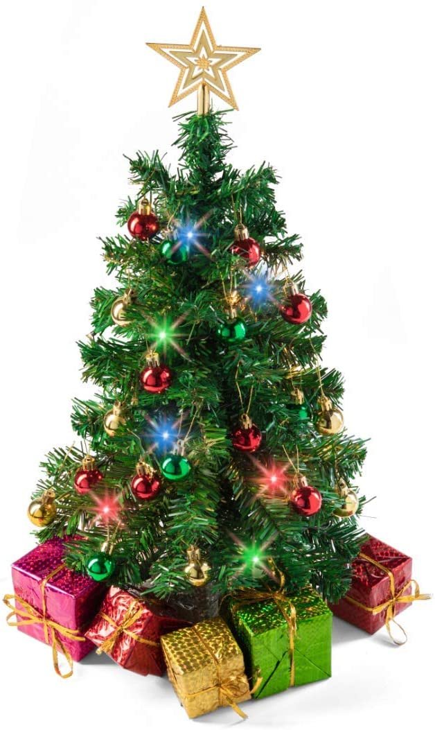 Prextex 23-Inch DIY Tabletop Mini Christmas Tree with Multi-Color LED Lights, Star Treetop, Decorated Gift Boxes and Hanging Ornaments for DIY Christmas Decoration | Little Christmas Tree with Lights