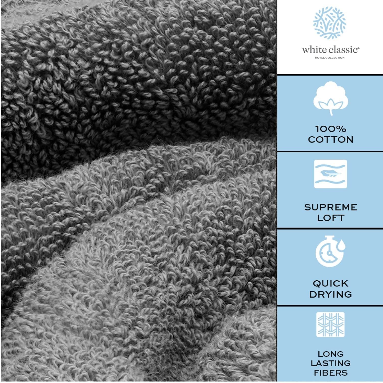 White Classic Luxury Bath Towels - Gray, 27"x54", 700 GSM, Set of 4, 100% Soft Cotton - Absorbent for Hotel Bathroom