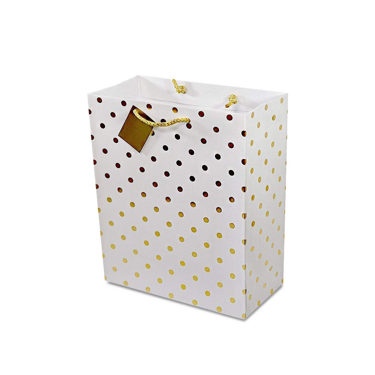 OccasionAll Gold Gift Bags - 6x3x7.5 Inch (Pack of 12) - Small Metallic Paper Bags with Handles, Chevron, Polka Dot & Stripe Prints - Perfect for Parties, Weddings, Holidays & Showers