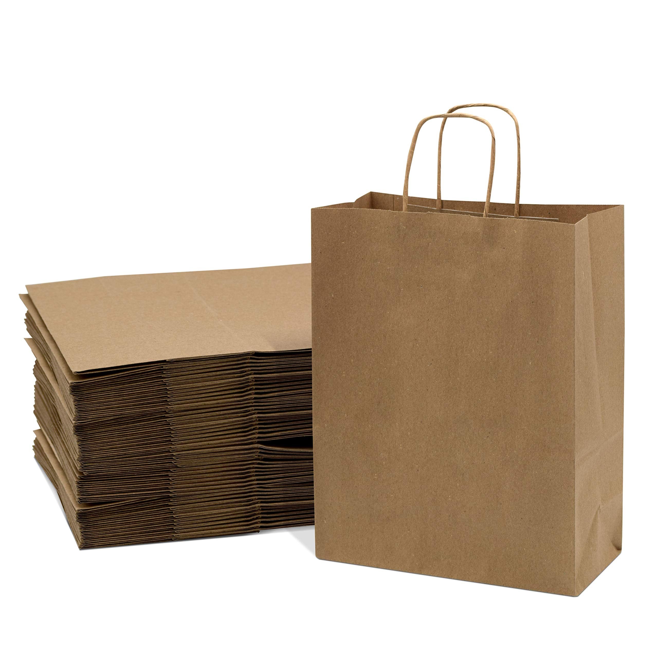 Brown Paper Bags with Handles - 10x5x13 inches 100 Pcs. Paper Shopping Bags, Bulk Gift Bags, Kraft, Party, Favor, Goody, Take-Out, Merchandise, Retail Bags, 80% PCW Debbie Size Medium Large