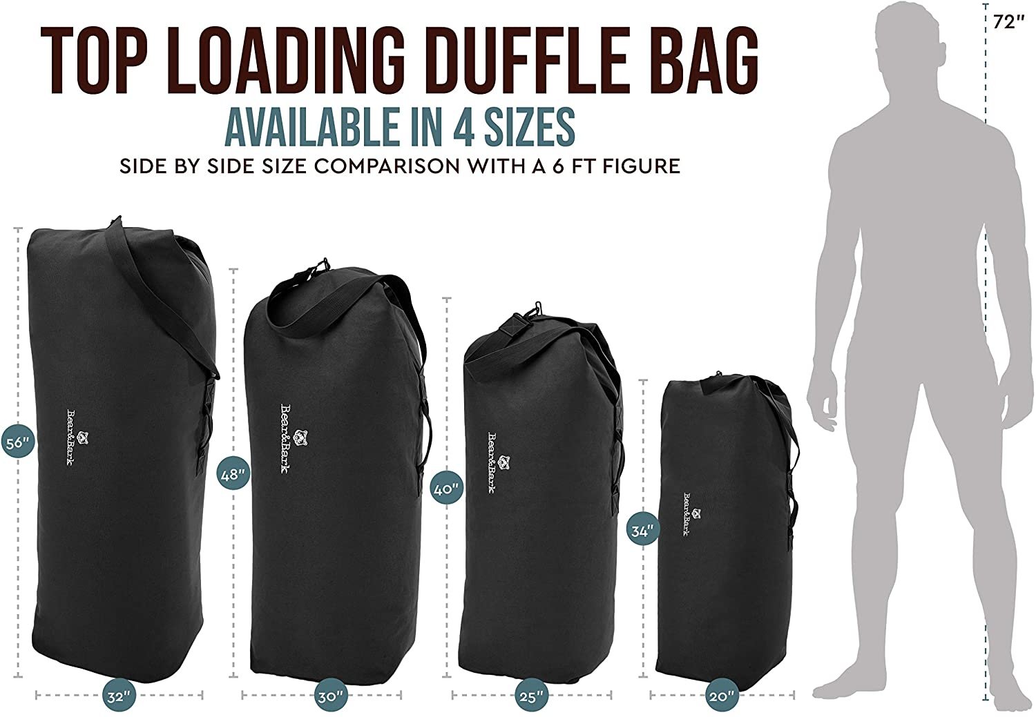 Top Loader Canvas Duffel Bag - Black 56"x32" - Military and Army Cargo Style Carryall Duffel for Men and Woman