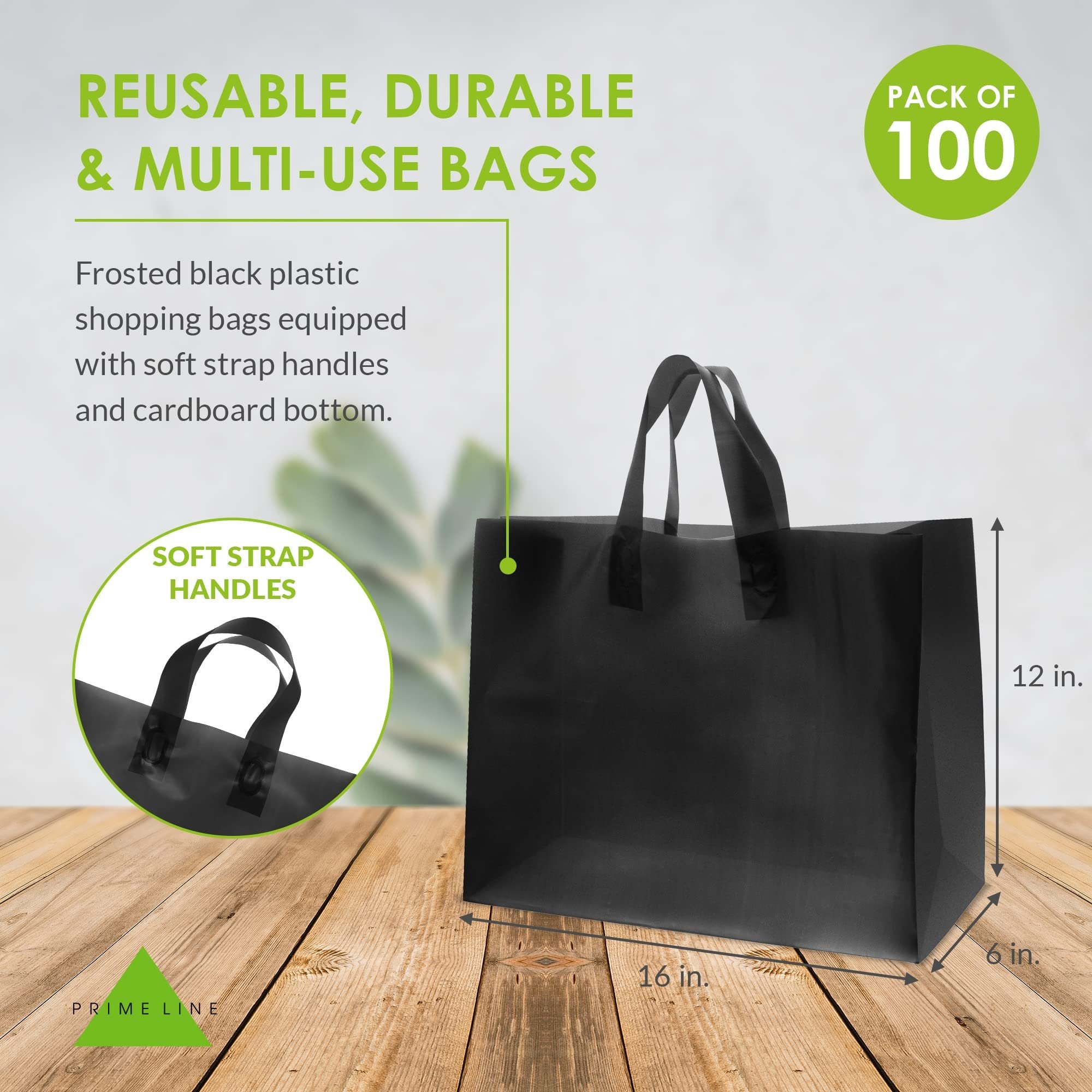 Prime Line Packaging Black Plastic Bags - 16x6x12 Inch (100 Count) with Handles, Gusset & Cardboard Bottom - Perfect for Retail, Gifts, Events