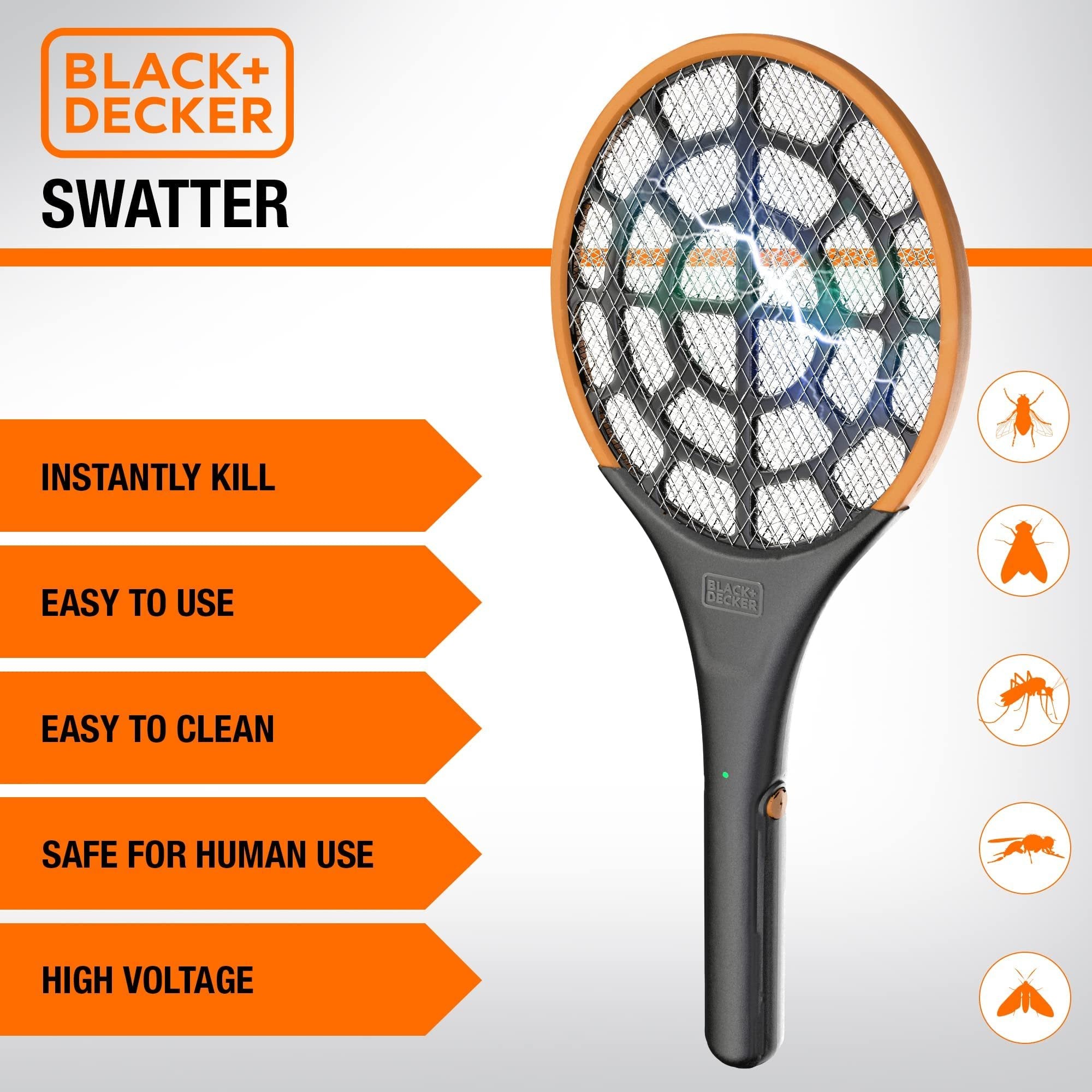 BLACK+DECKER PRO 2.0 Electric Fly Swatter Black - Battery Powered Bug Zapper Racket - Handheld Indoor & Outdoor Non-Toxic Safe for Humans & Pets - 1 Count