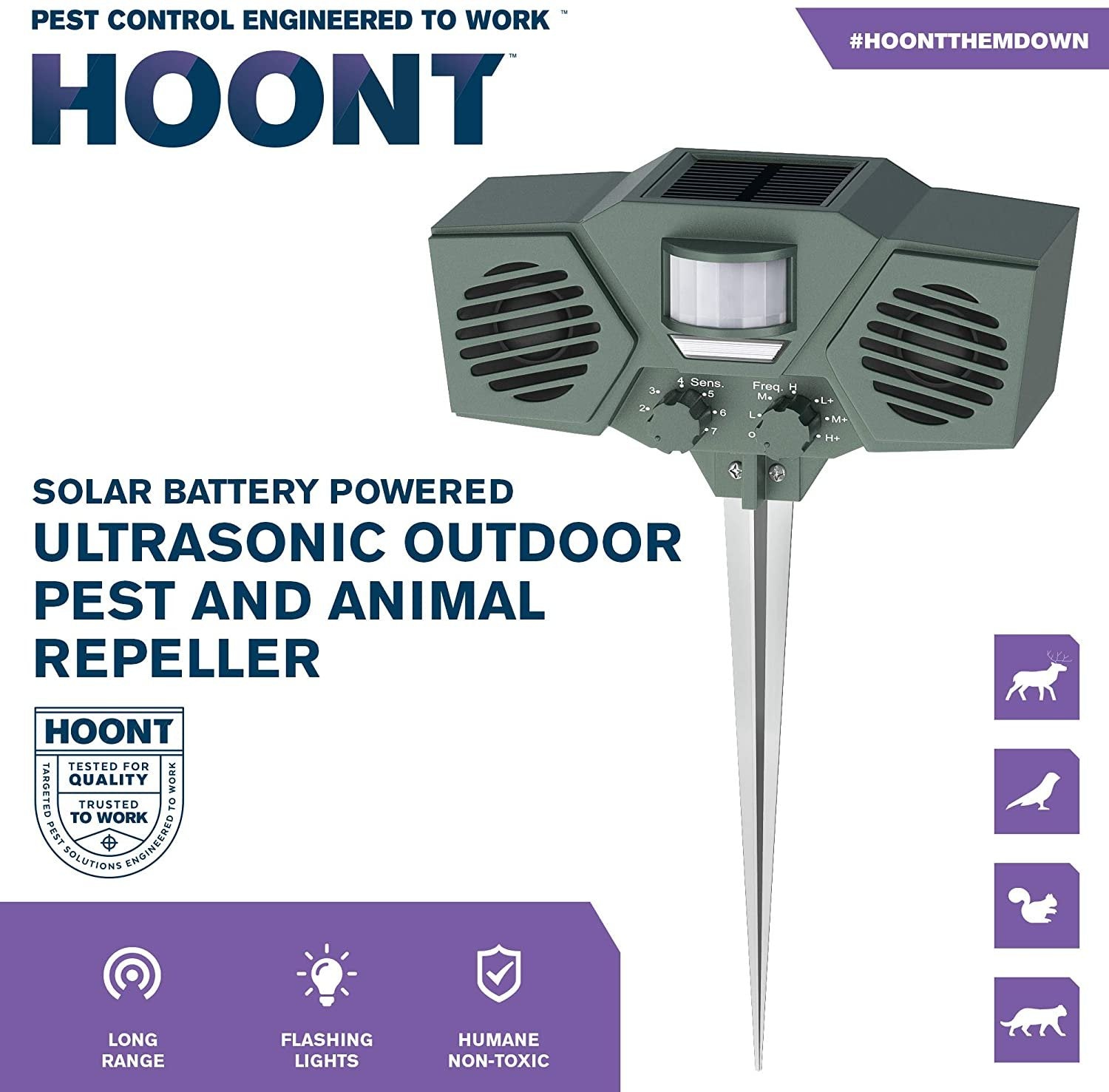 Hoont Solar Ultrasonic Animal Repeller, Motion-Activated Outdoor Pest Control (Green, )