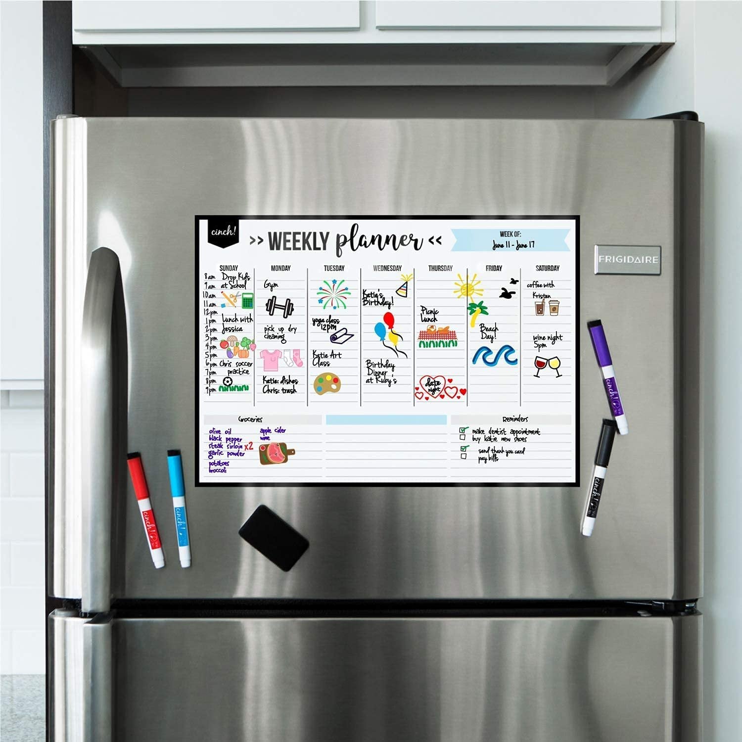 Magnetic Dry Erase Weekly Planner Calendar for Fridge: Stain Resistant Technology - 19x13" - 4 Fine Tip Markers and Large Eraser with Magnets - Whiteboard Organizer Planner: Refrigerator White Board