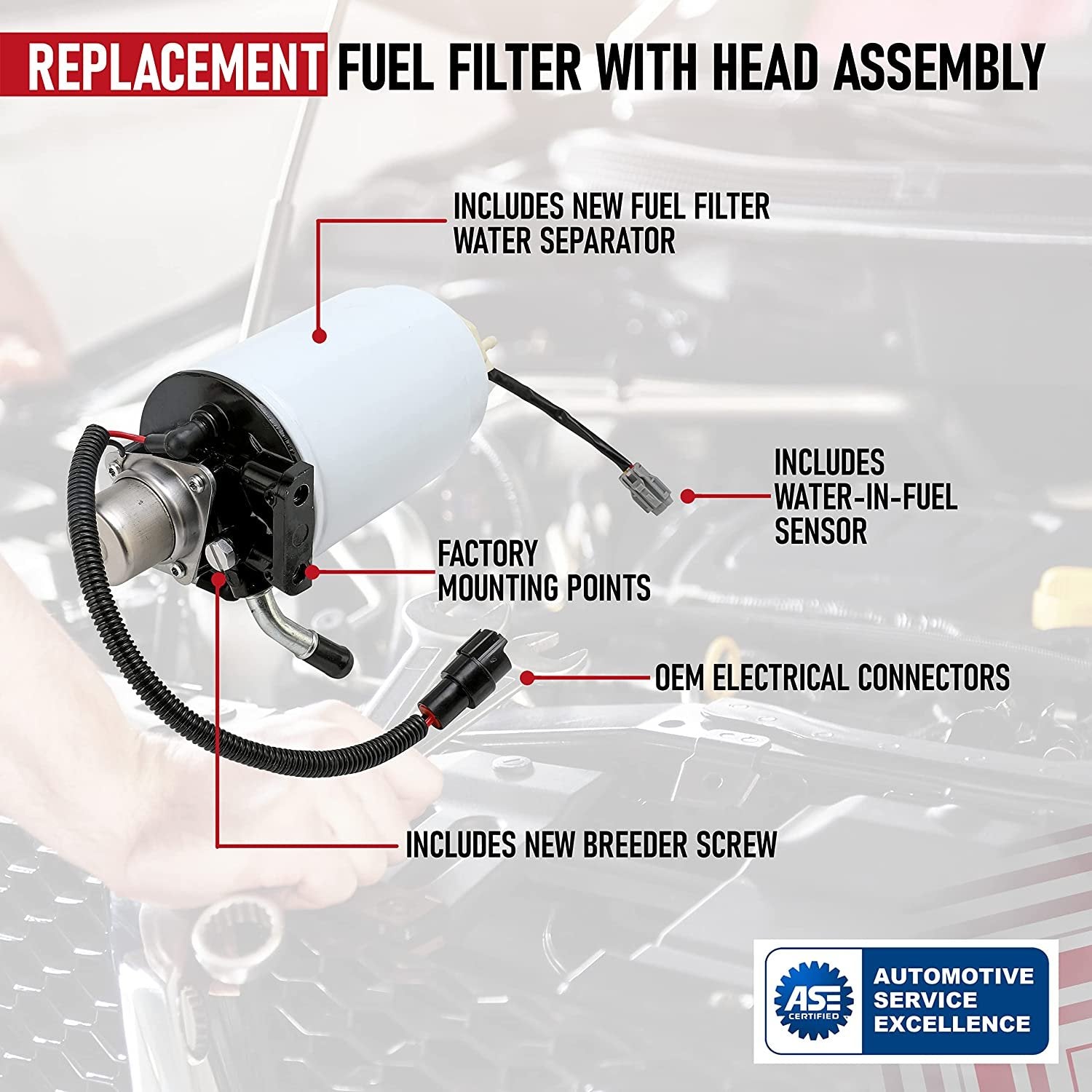 Fuel Filter with Head Assembly and Sensor - Compatible with Chevy and GMC Trucks - 6.6L Silverado 2500 HD, Classic, Sierra, HD, 3500 Classic with Duramax - Replaces TP3018, 904-517, 12642623, 12639448